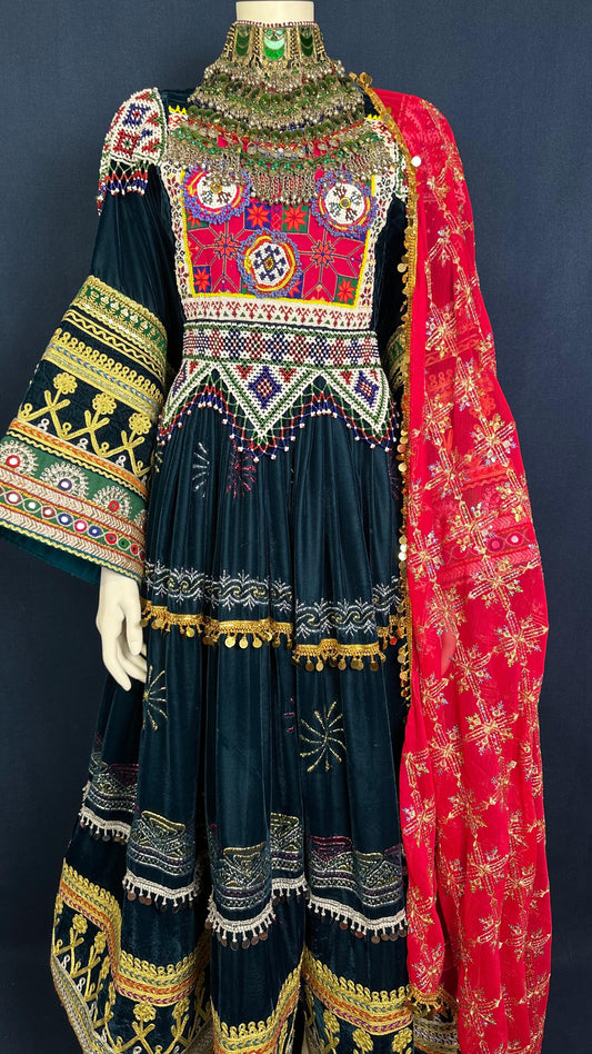Soraya | Traditional Afghan Dress in Deep Green & Red