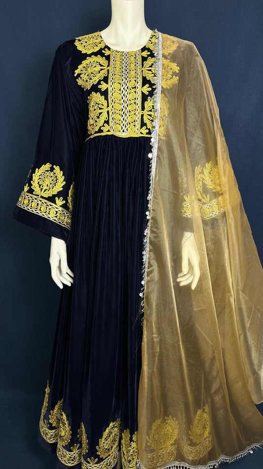Noor | Traditional Afghan Dress in Navy & Gold