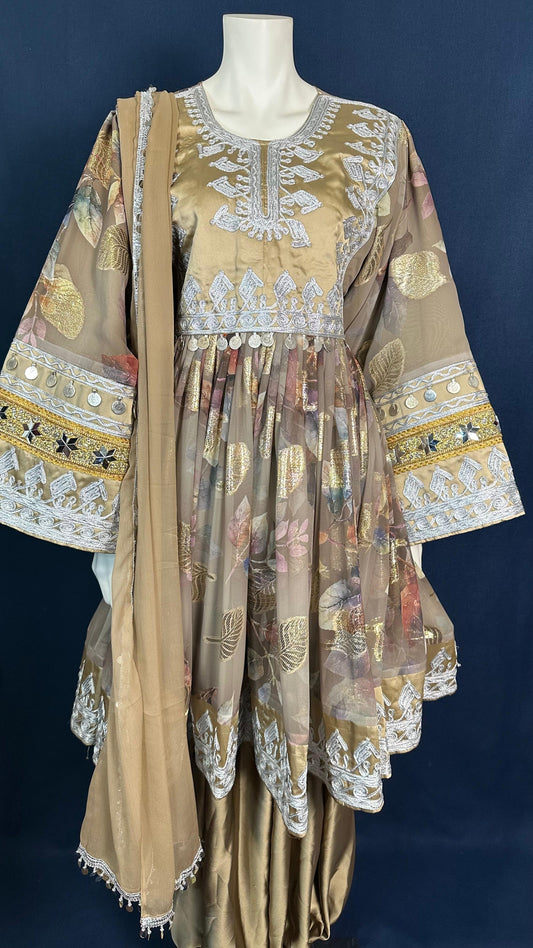 Ayla | Traditional Afghan Dress in Beige & Silver White