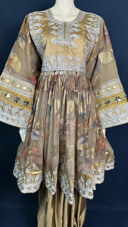 Ayla | Traditional Afghan Dress in Beige & Silver White