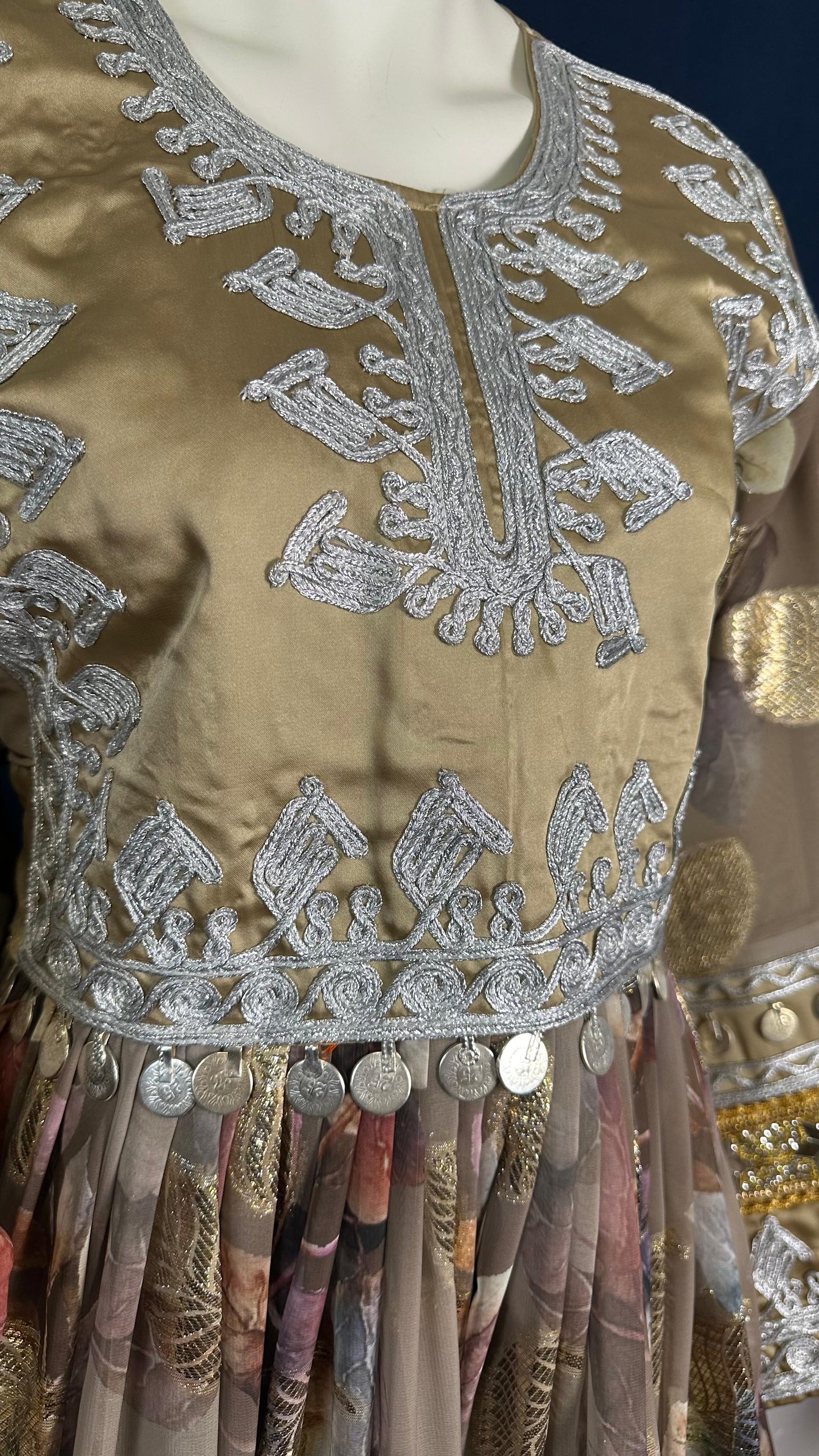 Ayla | Traditional Afghan Dress in Beige & Silver White