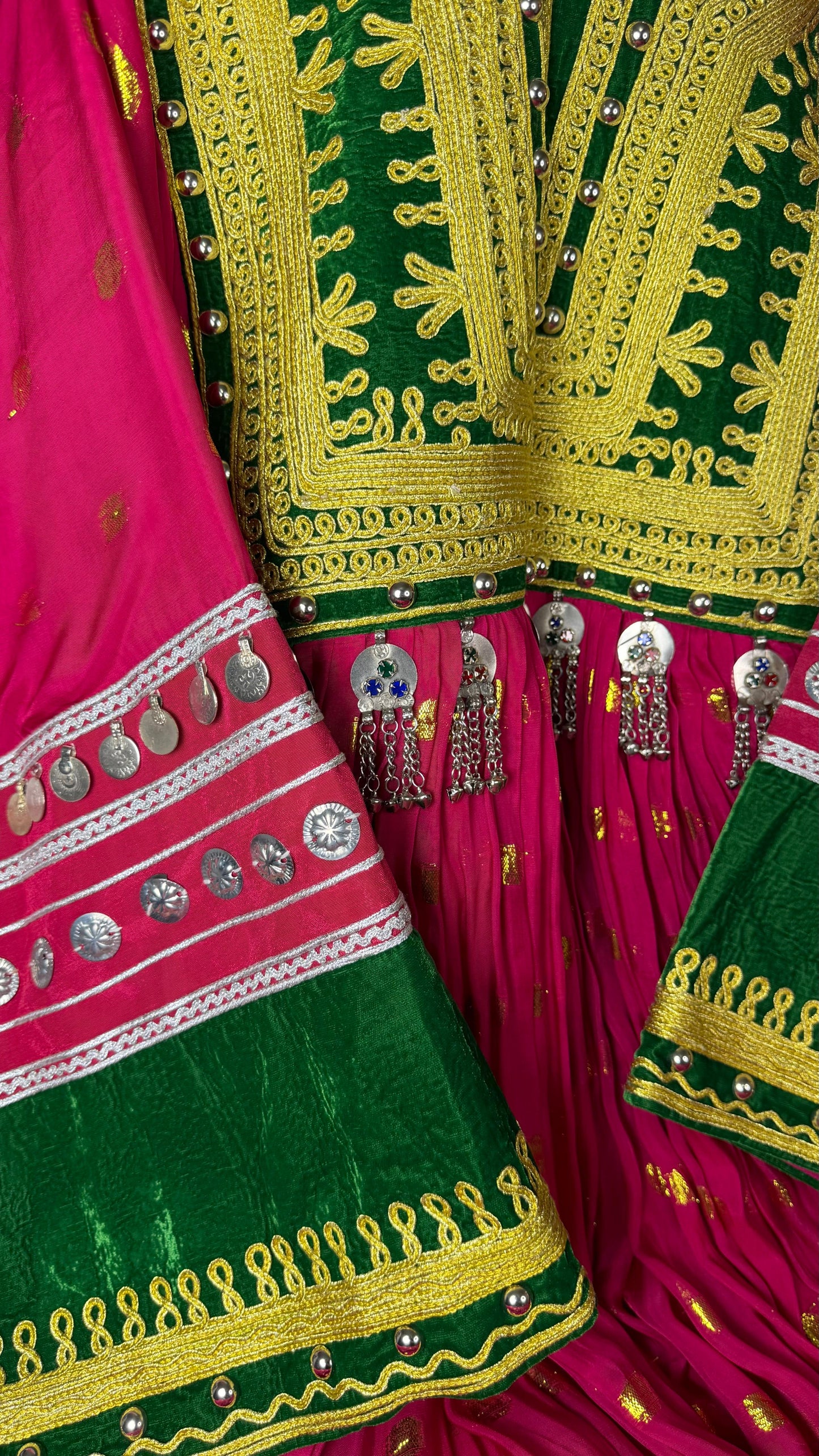 Afghan Traditional Dress with Shawl - Pink & Green