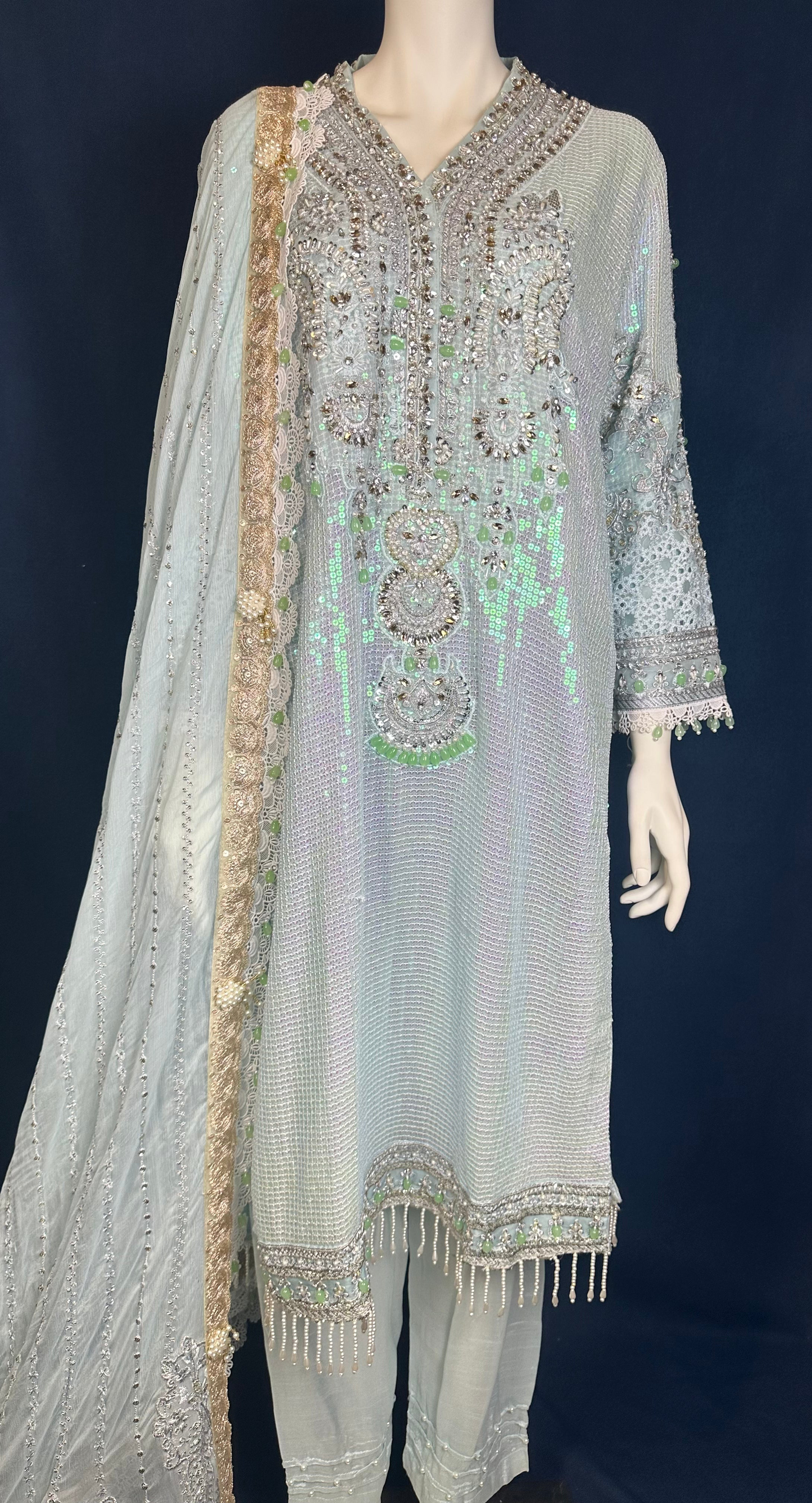 Light Silver Suit with Crystal and Mint Accents #182