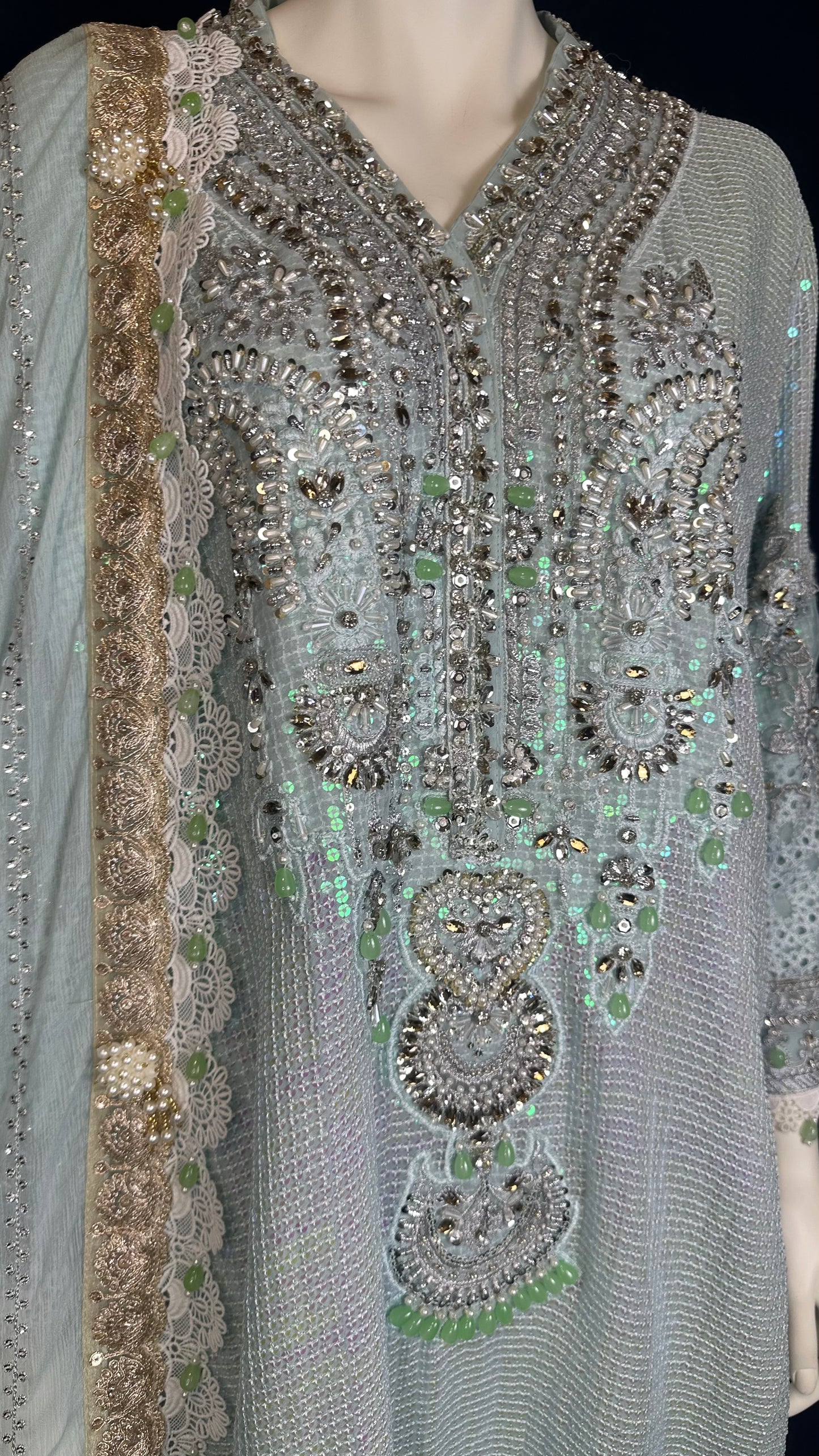 Light Silver Suit with Crystal and Mint Accents #182