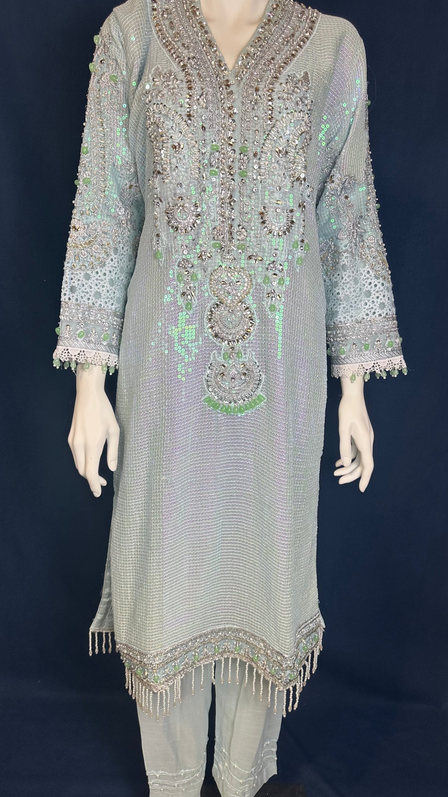 Light Silver Suit with Crystal and Mint Accents #182