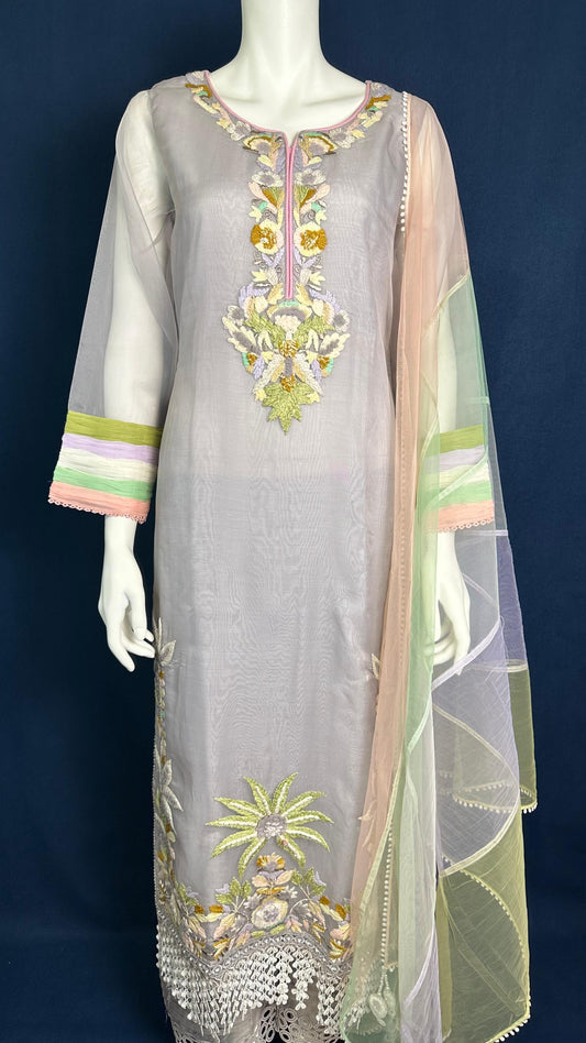 M-108 Grey Blossom 🌸 | Khuda Baksh Pastel 3-Piece Set