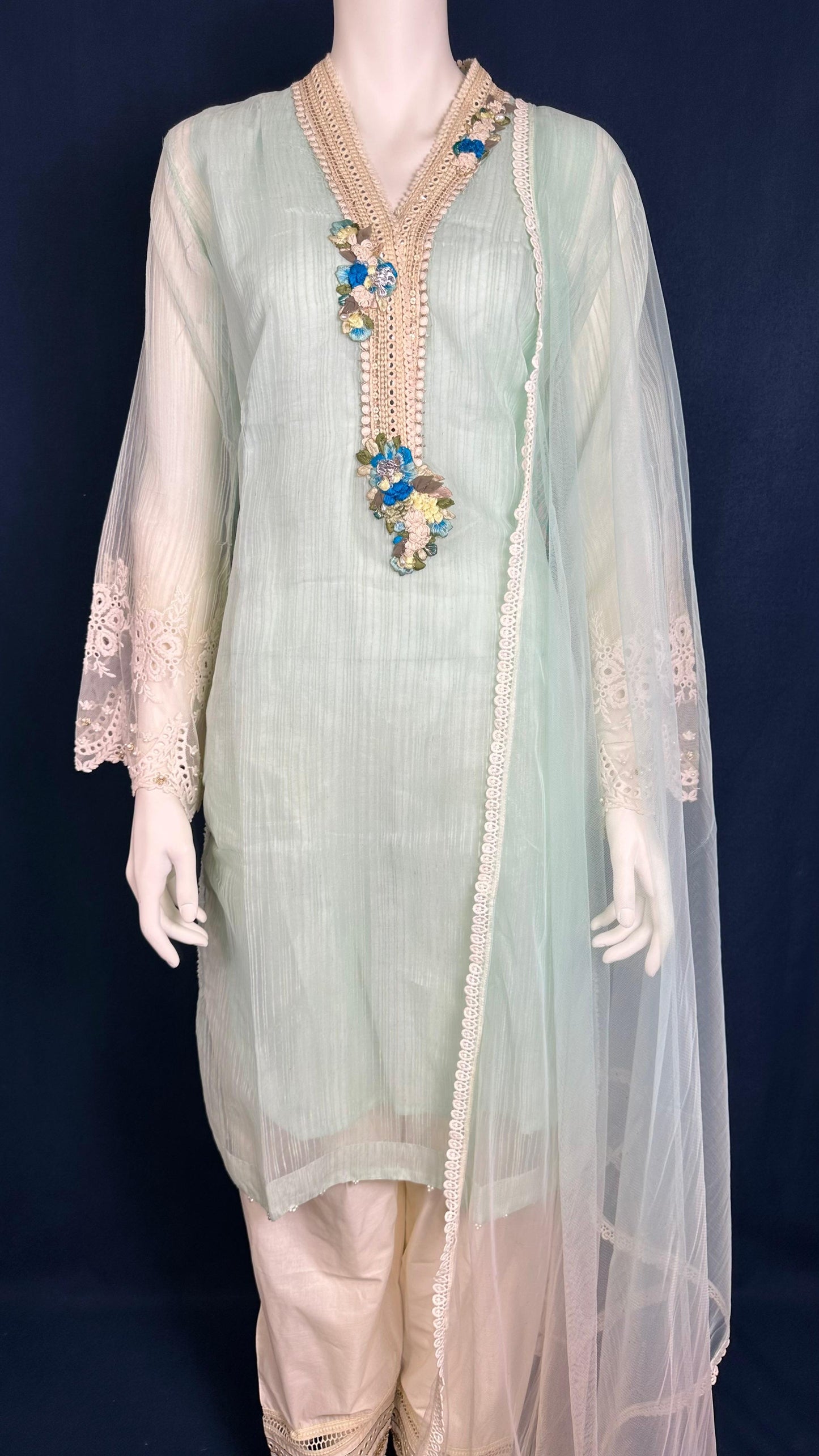 Mint Whisper | Khuda Baksh 3-Piece Pastel Floral Ensemble