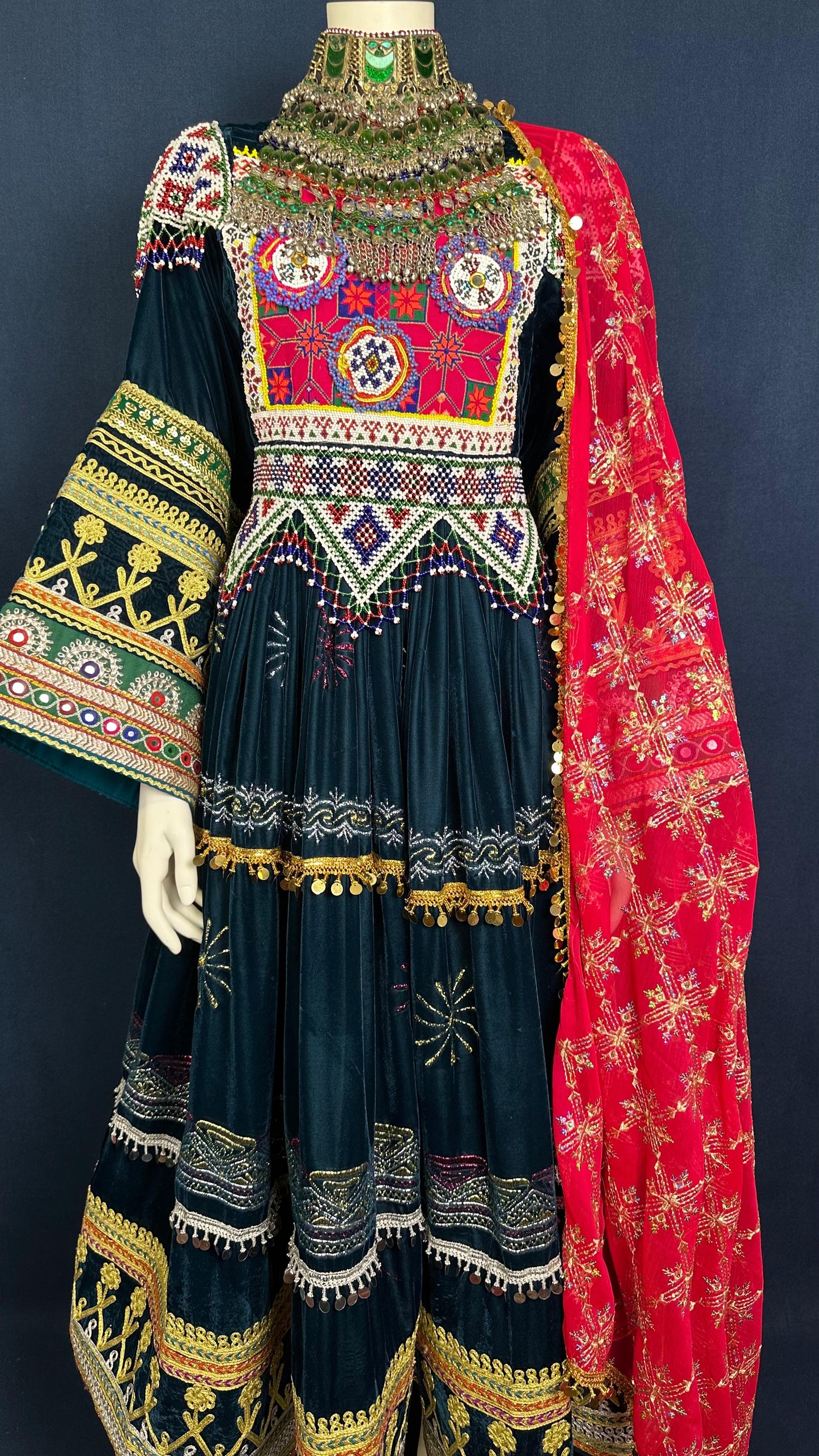 Soraya | Traditional Afghan Dress in Deep Green & Red