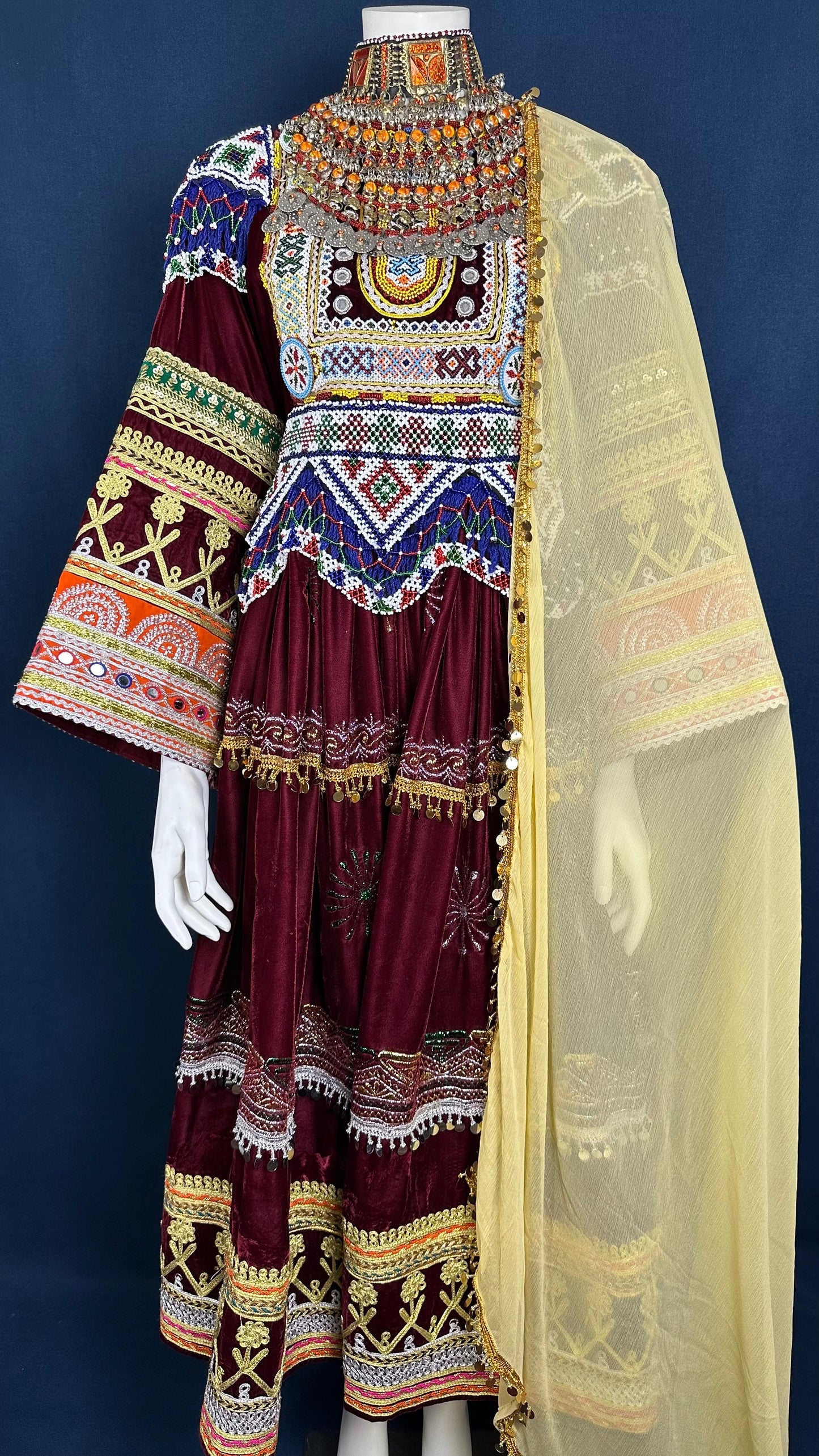 Zareen | Traditional Afghan Dress in Burgundy & Gold