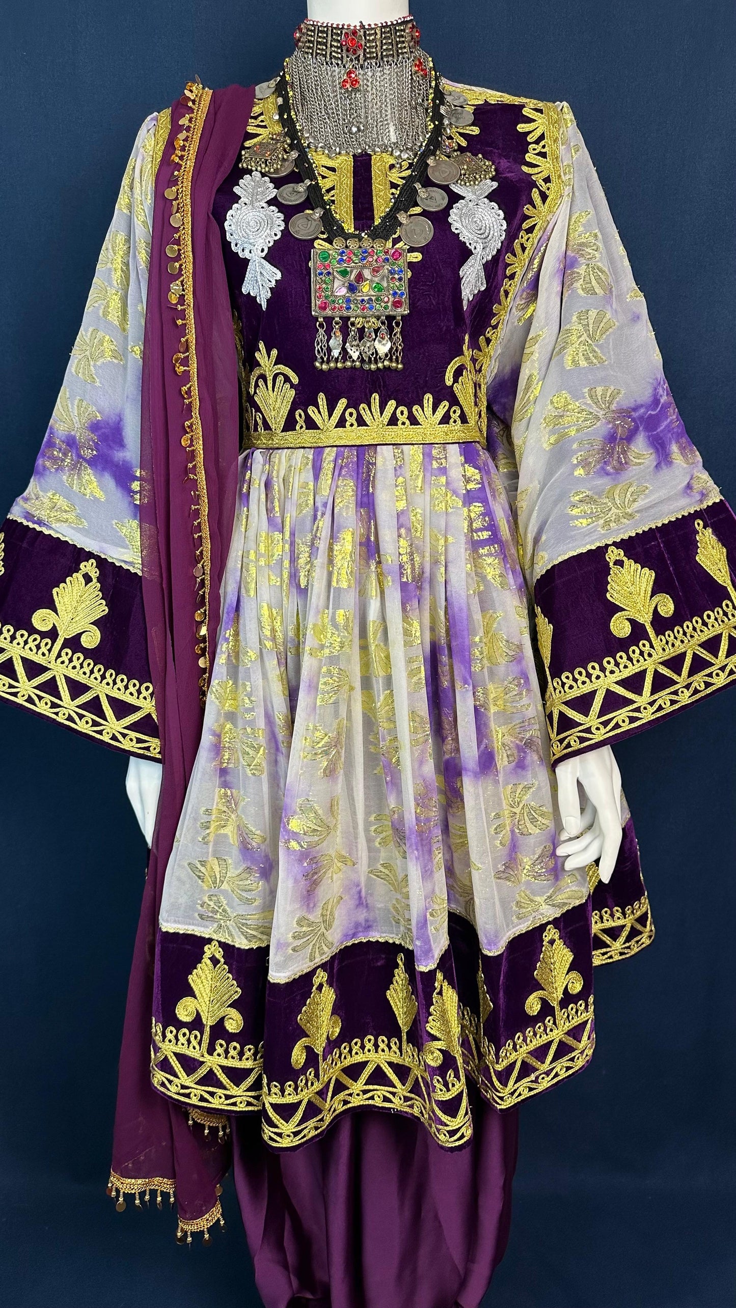 Laila | Traditional Afghan Dress in Purple & Gold