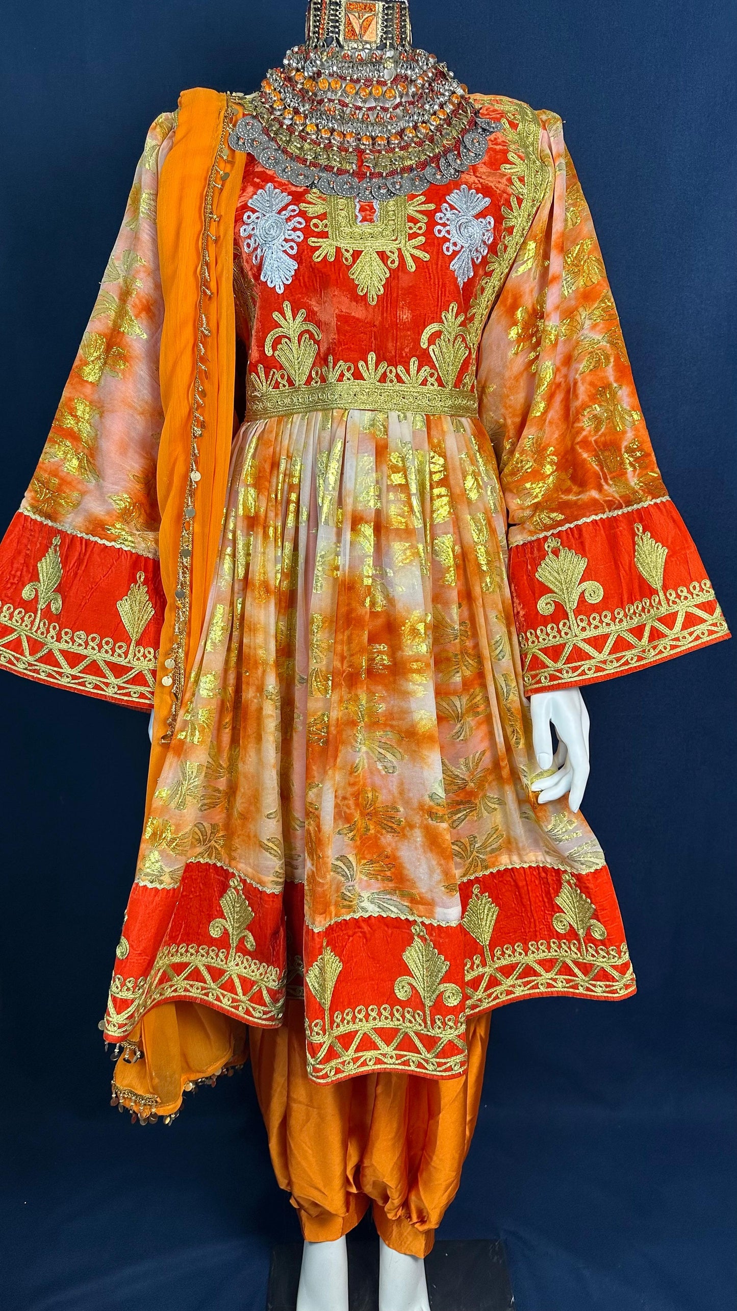 Sahar | Traditional Afghan Dress in Orange & Gold