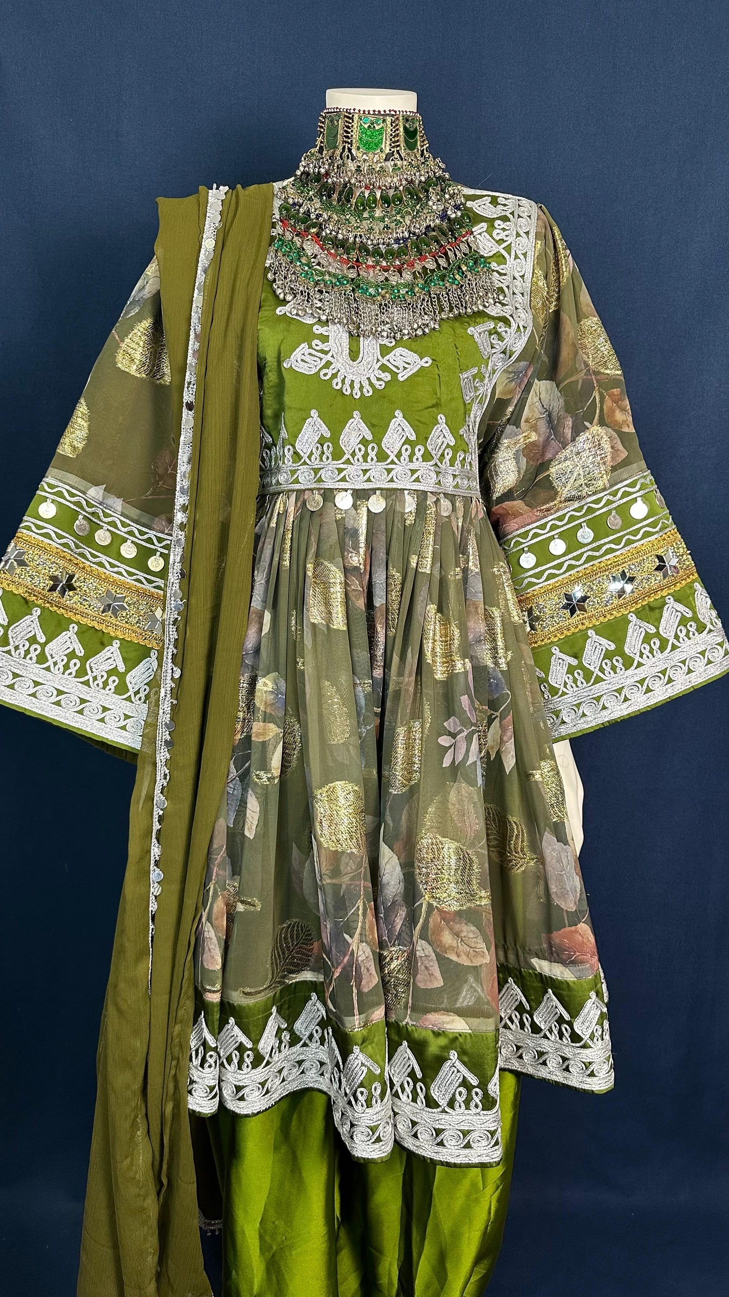Lina | Traditional Afghan Dress in Olive Green & White