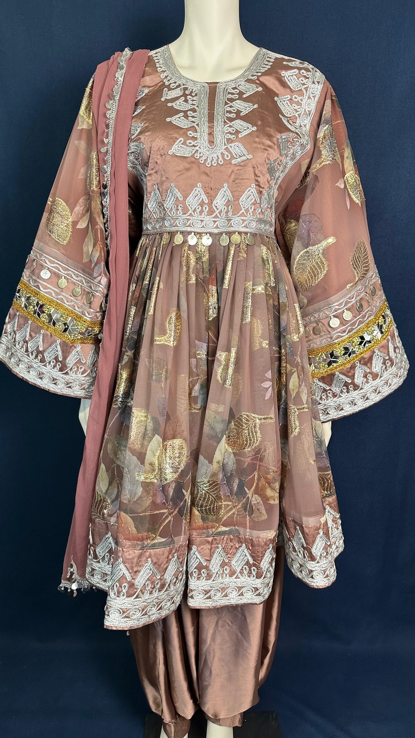 Nadia | Traditional Afghan Dress in Rosy Brown & Silver