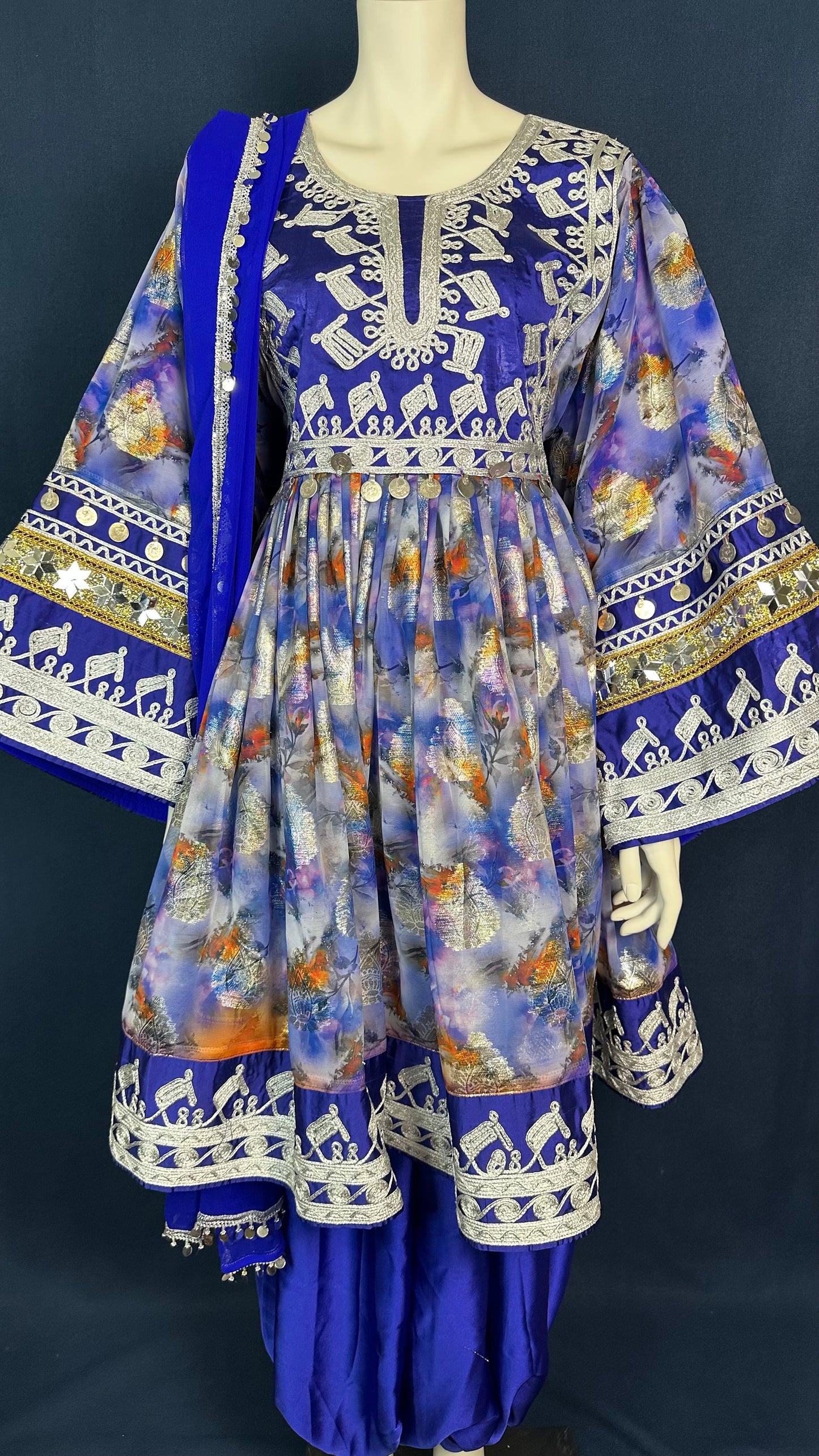 Roya | Traditional Afghan Dress in Royal Blue & Silver
