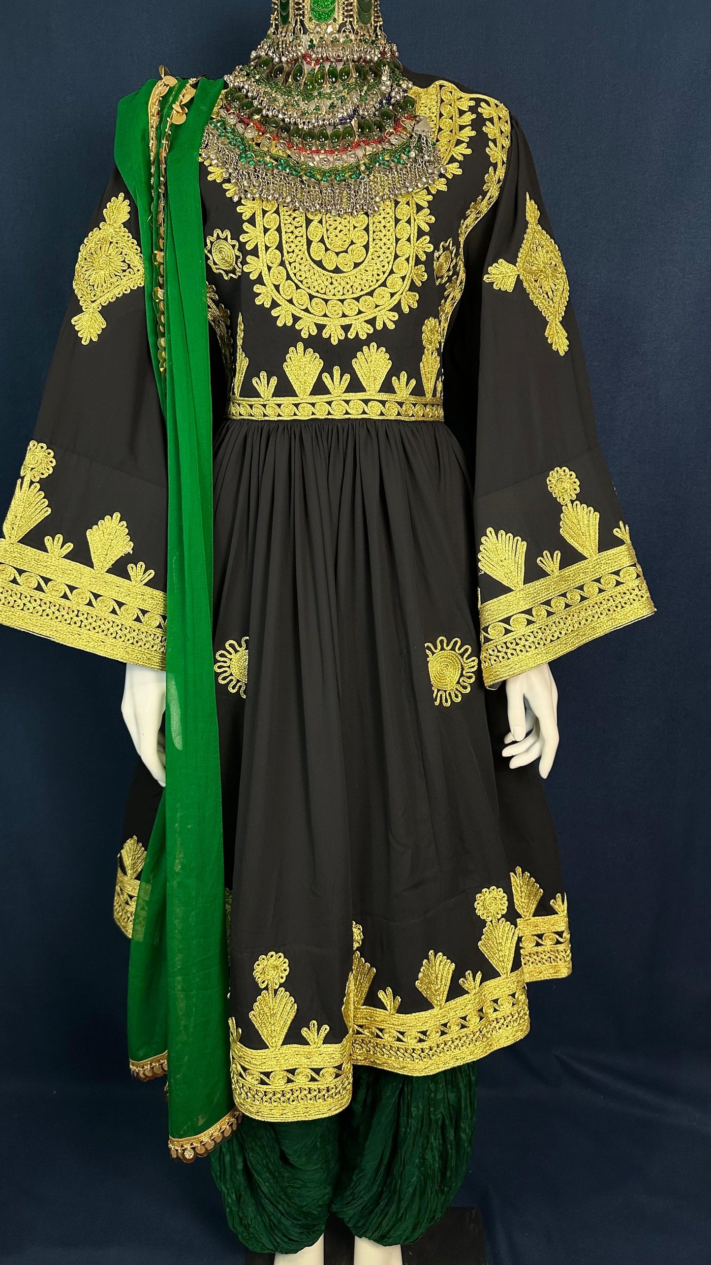 Zahra | Black Traditional Afghan Dress with Gold Details & Green Scarf