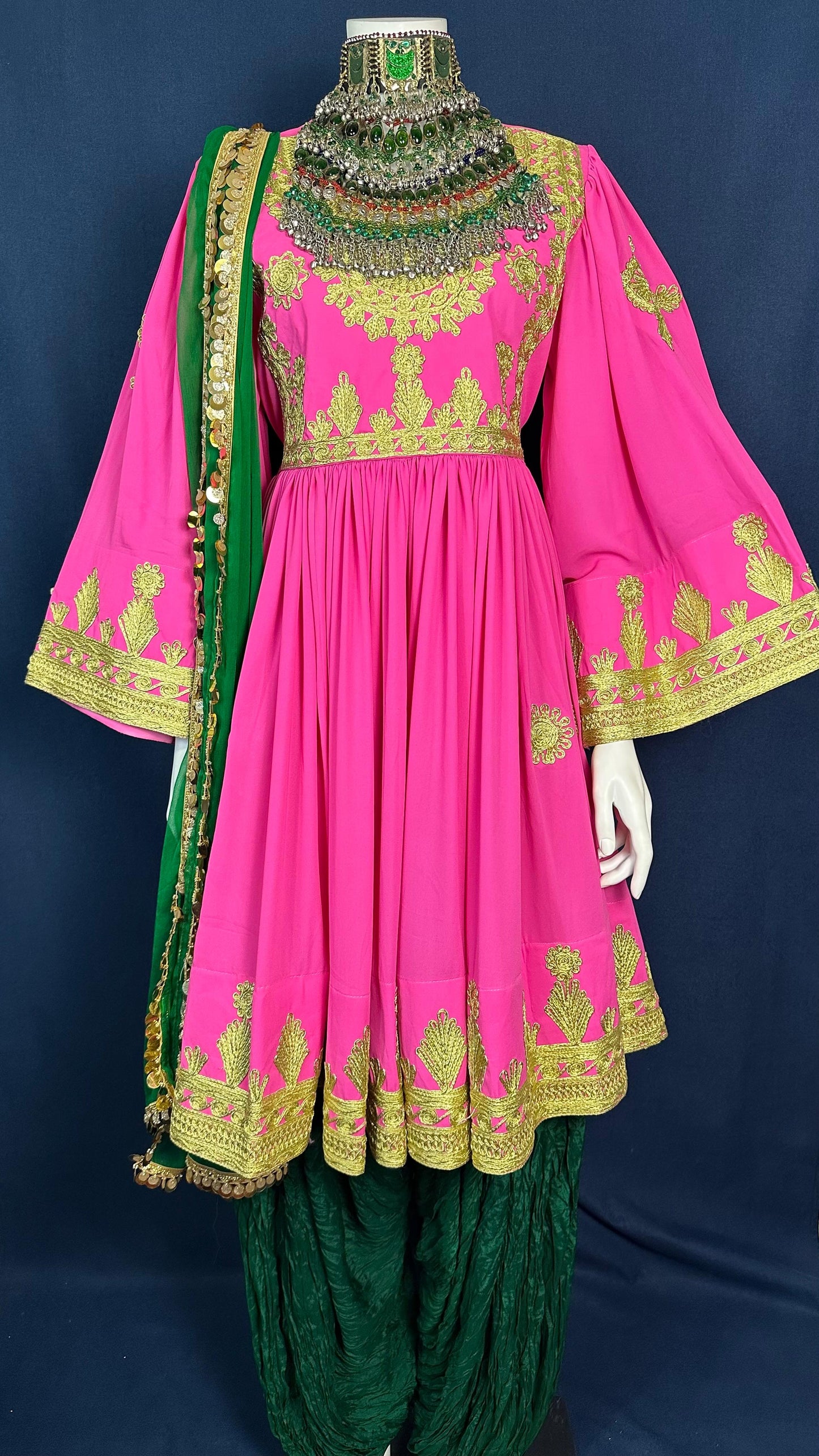 Parwana | Pink Traditional Afghan Dress with Gold Details & Green Scarf