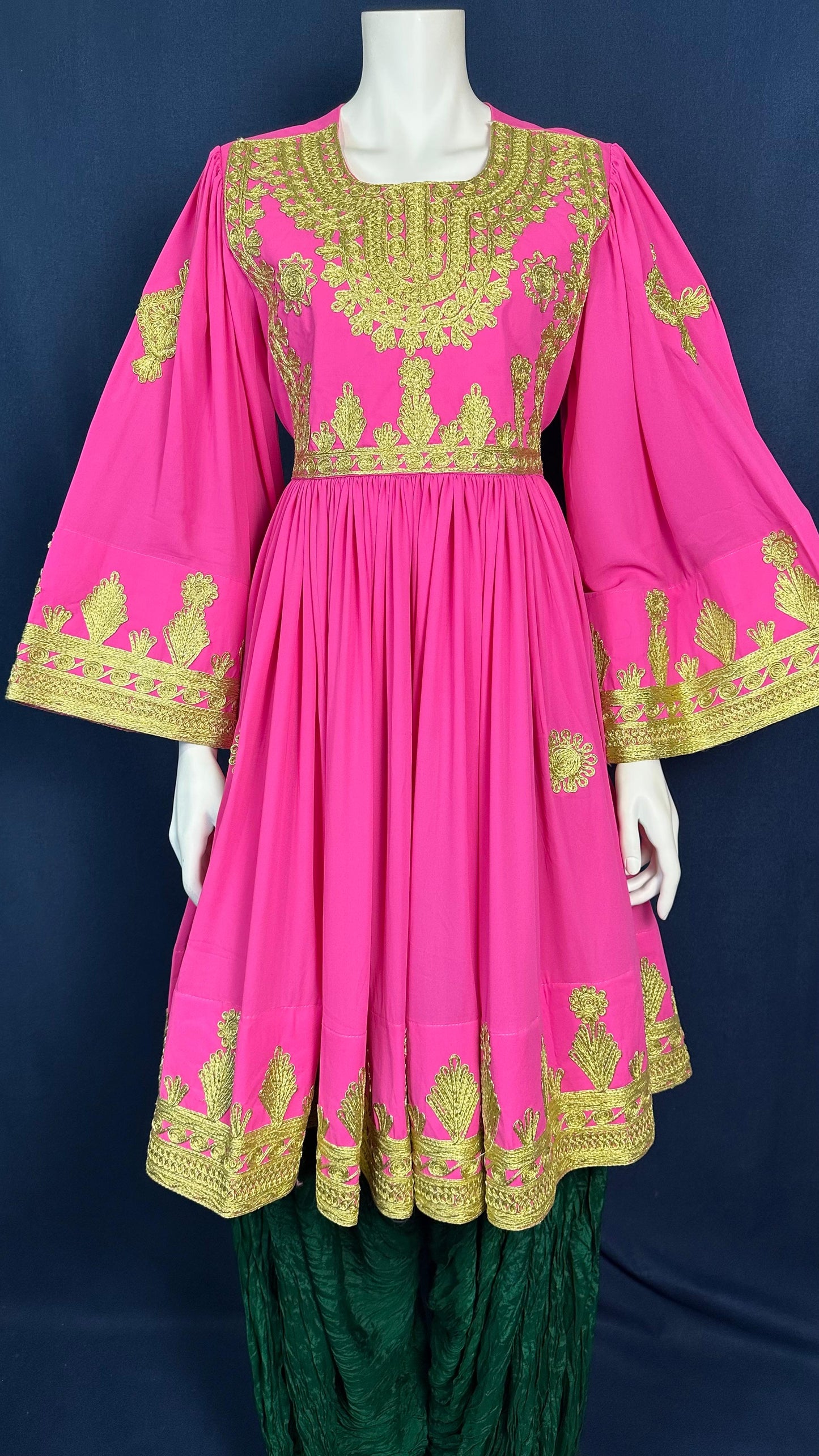 Parwana | Pink Traditional Afghan Dress with Gold Details & Green Scarf