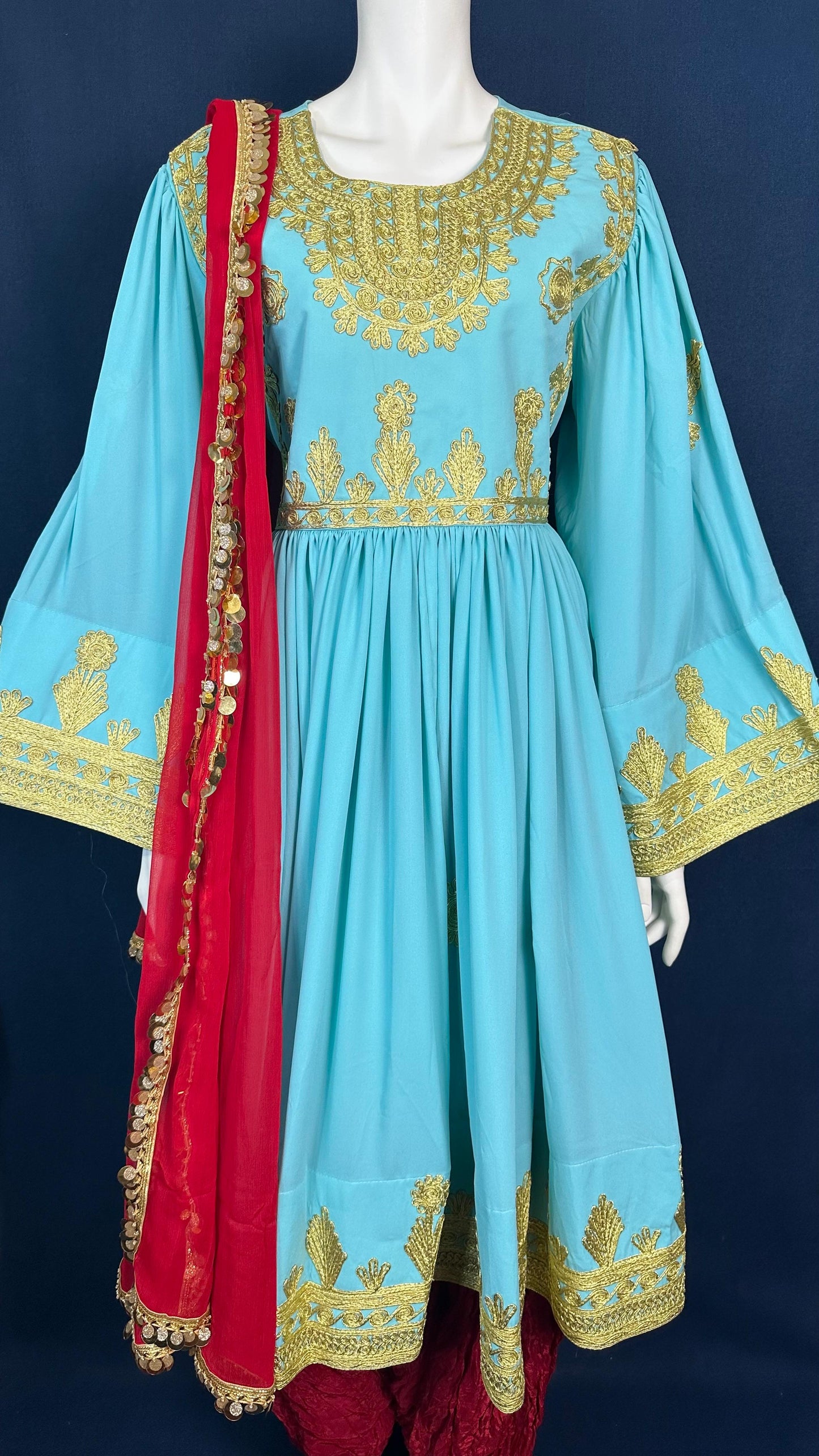 Lalbahar | Turquoise Traditional Afghan Dress with Gold Details & Red Scarf