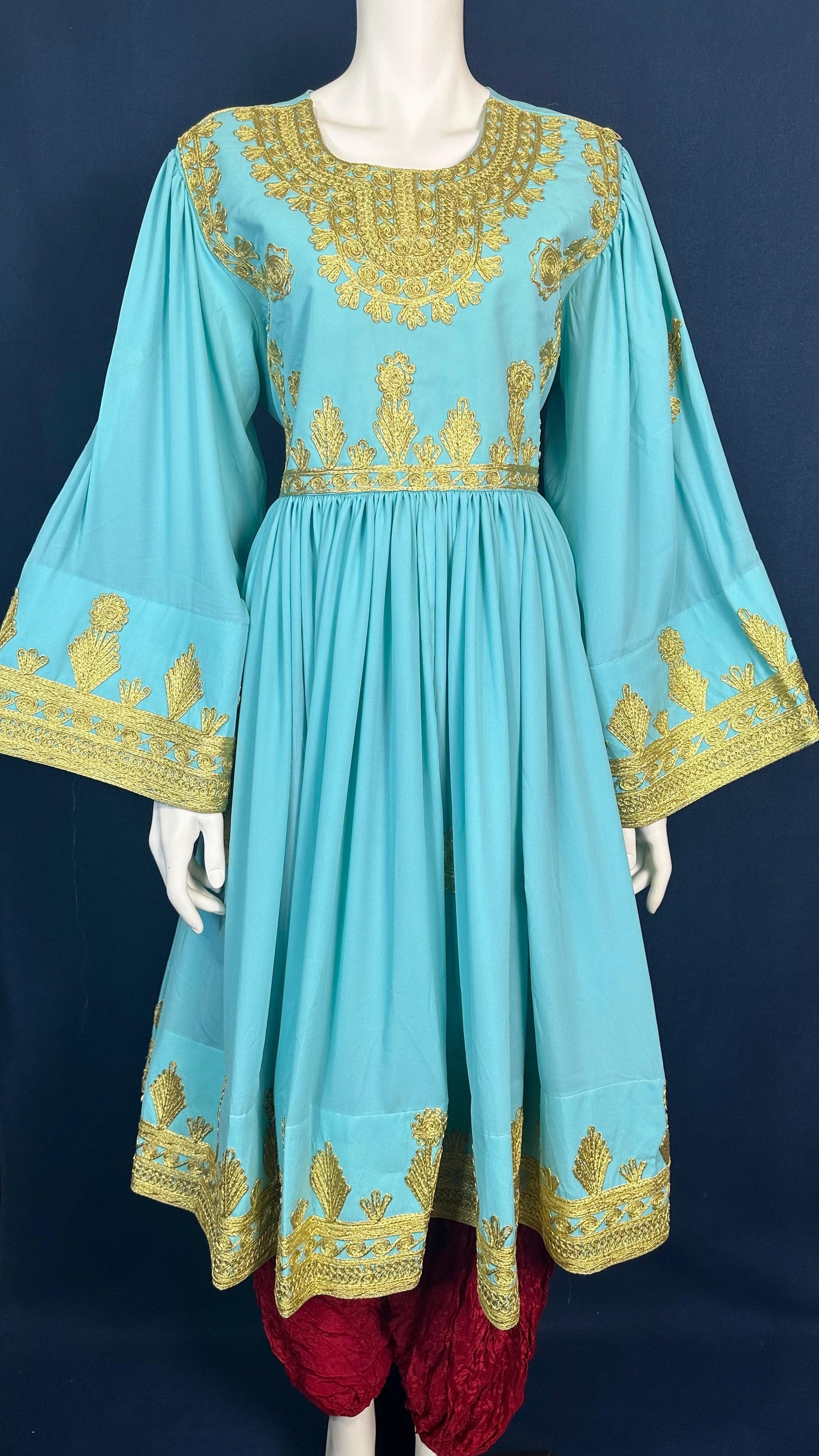 Lalbahar | Turquoise Traditional Afghan Dress with Gold Details & Red Scarf