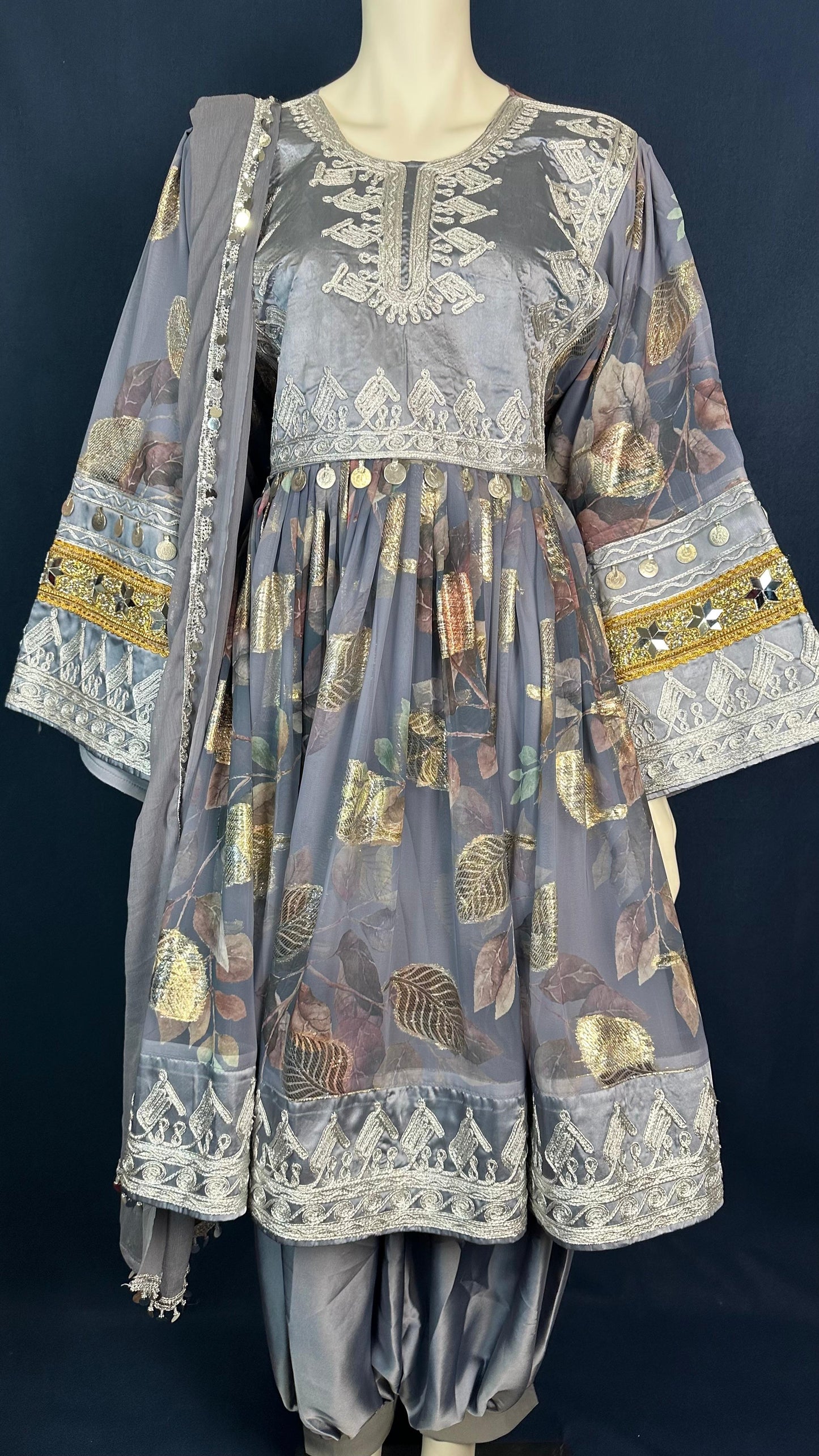 Sahar | Grey Traditional Afghan Dress with Floral Accents & Silver Detailing