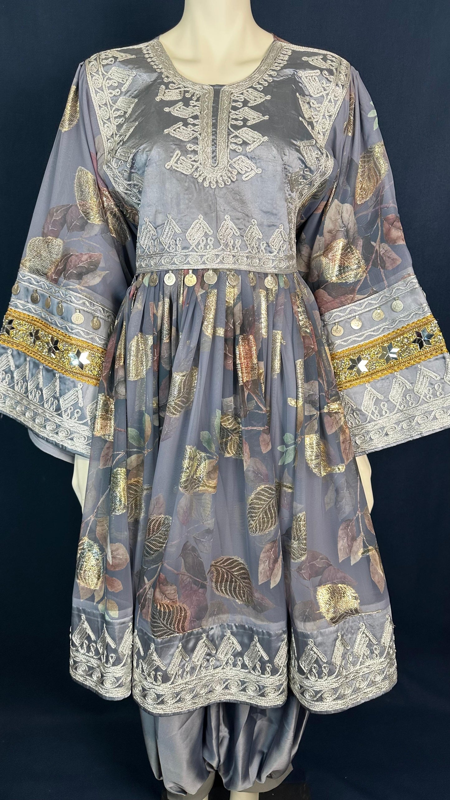 Sahar | Grey Traditional Afghan Dress with Floral Accents & Silver Detailing