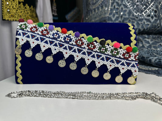 Afghan Velvet Clutch with Beads & Coin Details - Blue