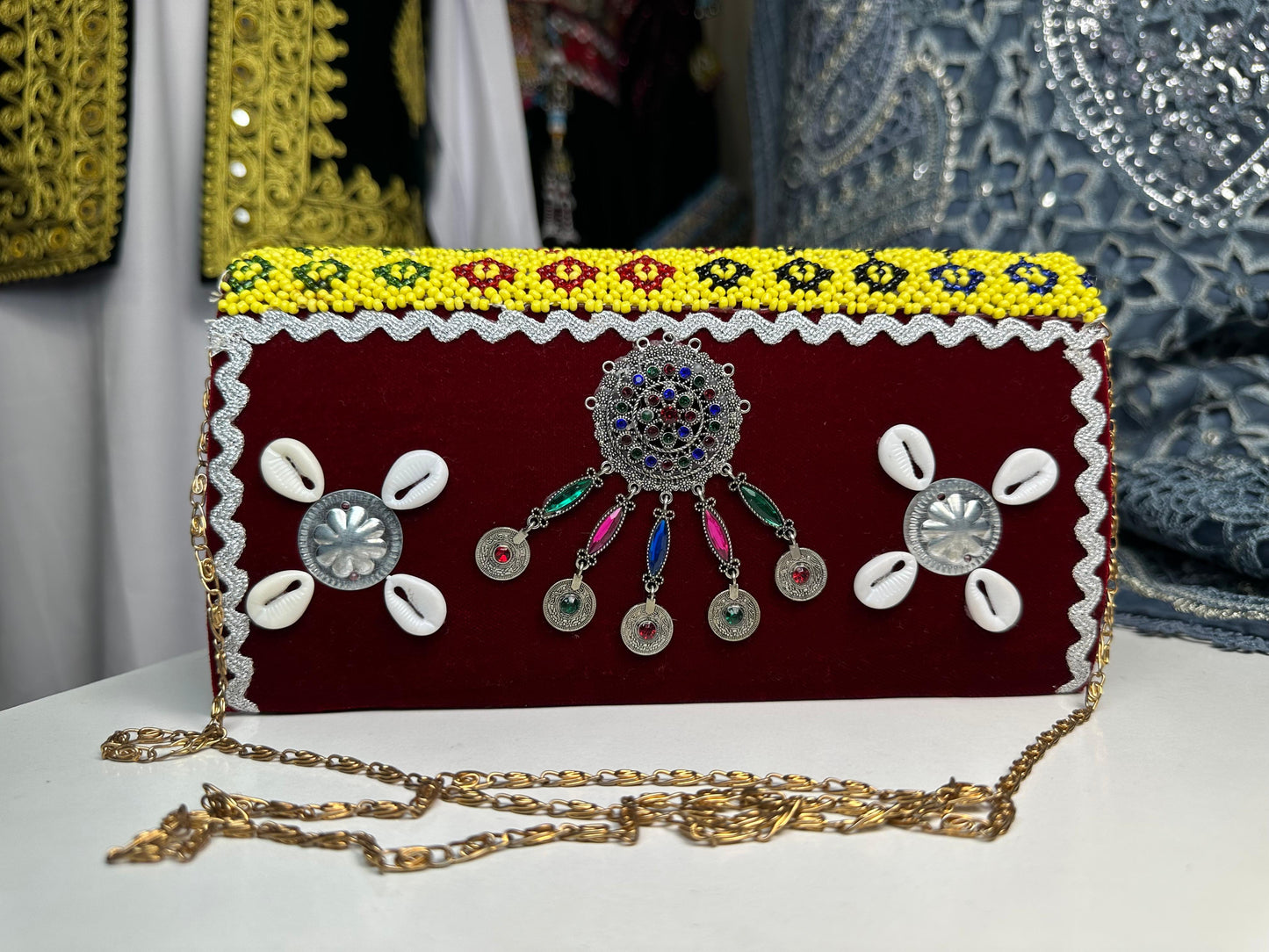 Afghan Clutch with Beads, Shell & Coin Details - Red