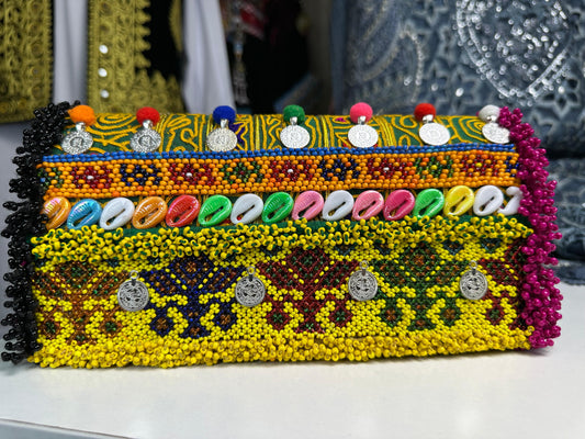 Afghan Clutch with Beads, Shell & Coin Details - Multicolor