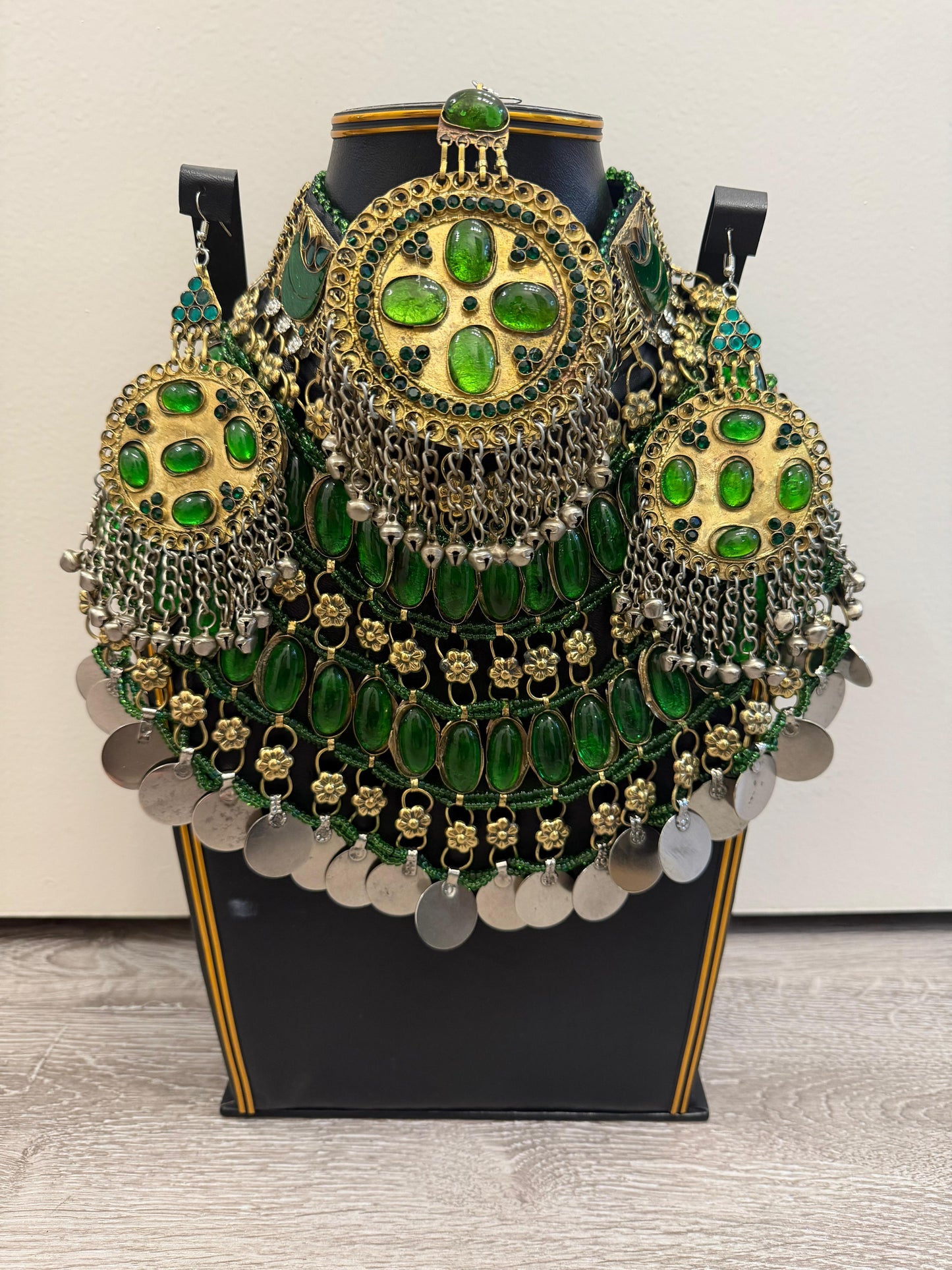 Afghan Jewelry Set with Necklace, Earrings & Headpiece - Green