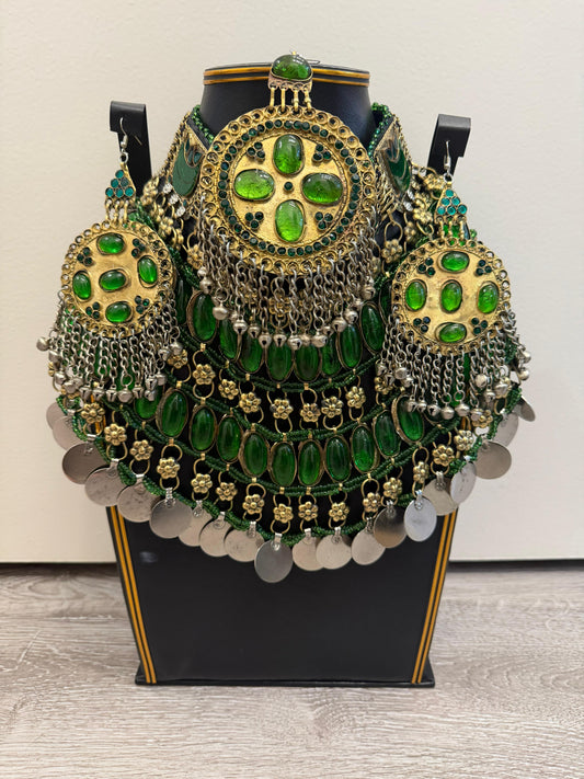 Afghan Jewelry Set with Necklace, Earrings & Headpiece - Green