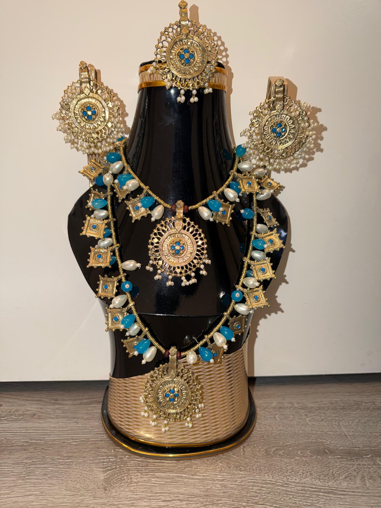 Afghan Jewelry Set with Necklace, Earrings & Headpiece – Blue & Gold