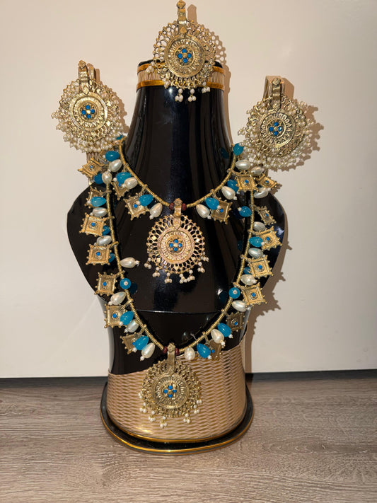 Afghan Jewelry Set with Necklace, Earrings & Headpiece – Blue & Gold