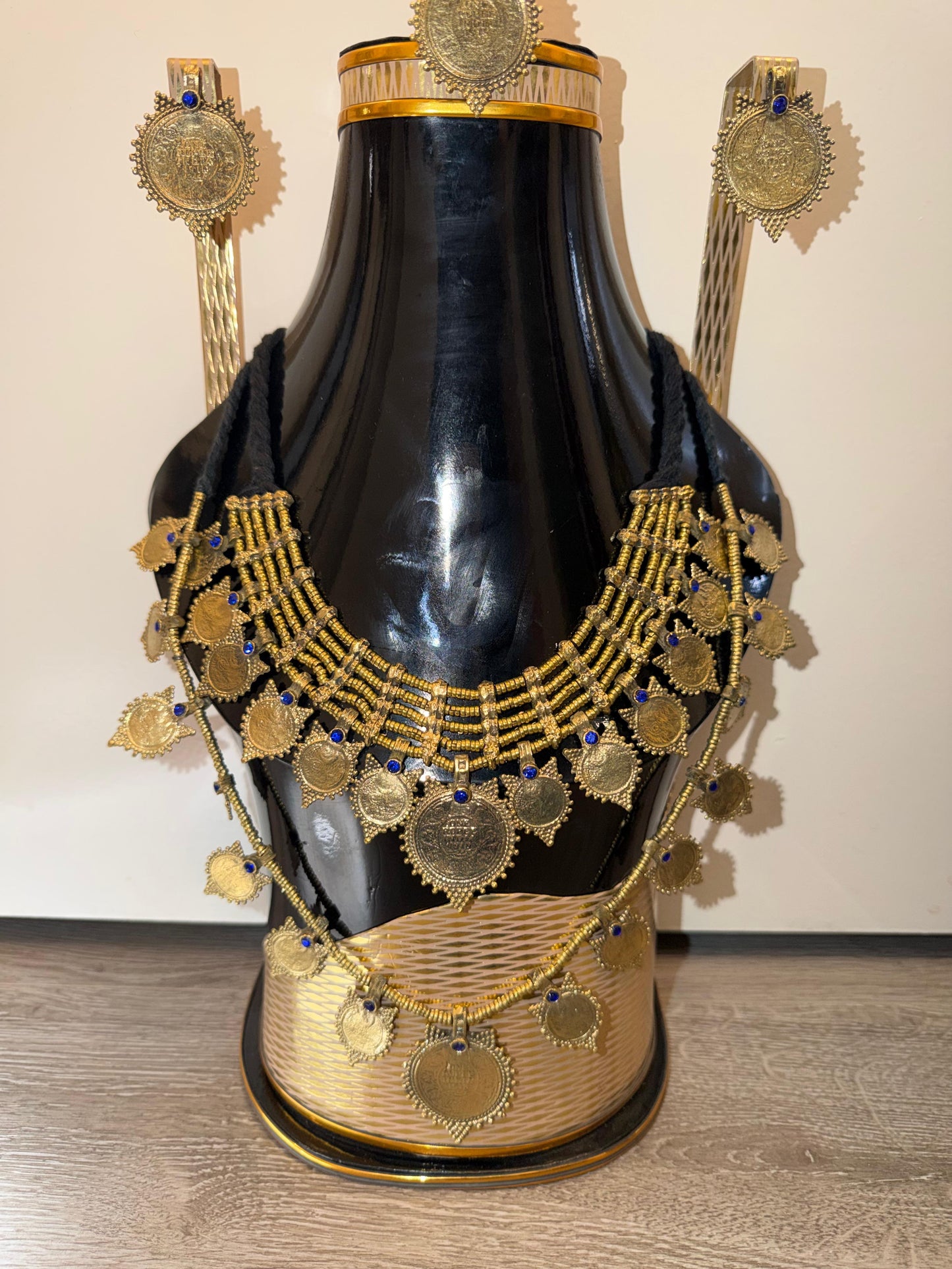 Afghan Jewelry Set with Coins, Necklace, Earrings & Headpiece – Gold & Blue