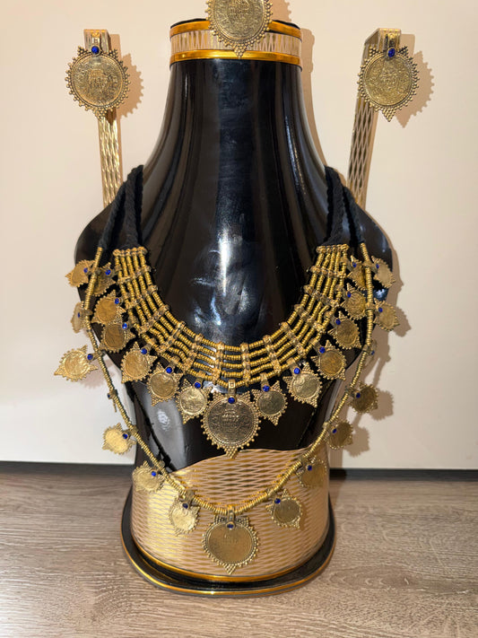 Afghan Jewelry Set with Coins, Necklace, Earrings & Headpiece – Gold & Blue