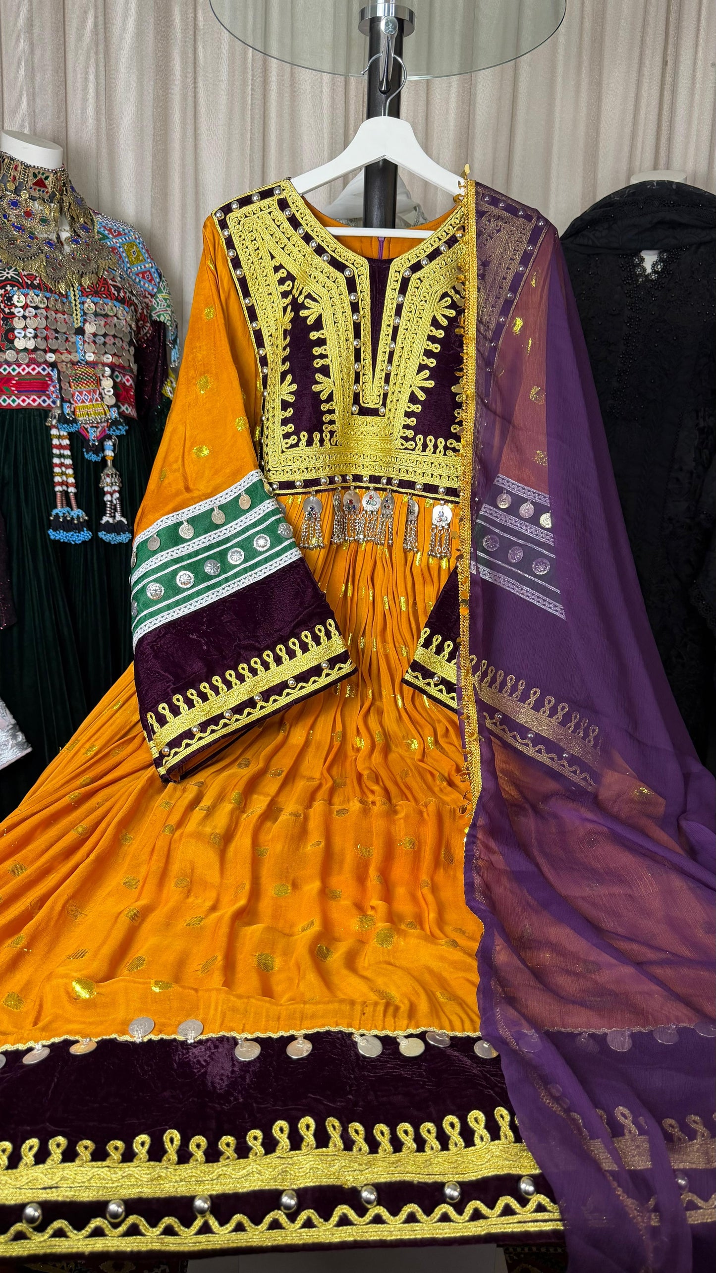 Afghan Traditional Dress with Shawl - Golden Orange & Purple