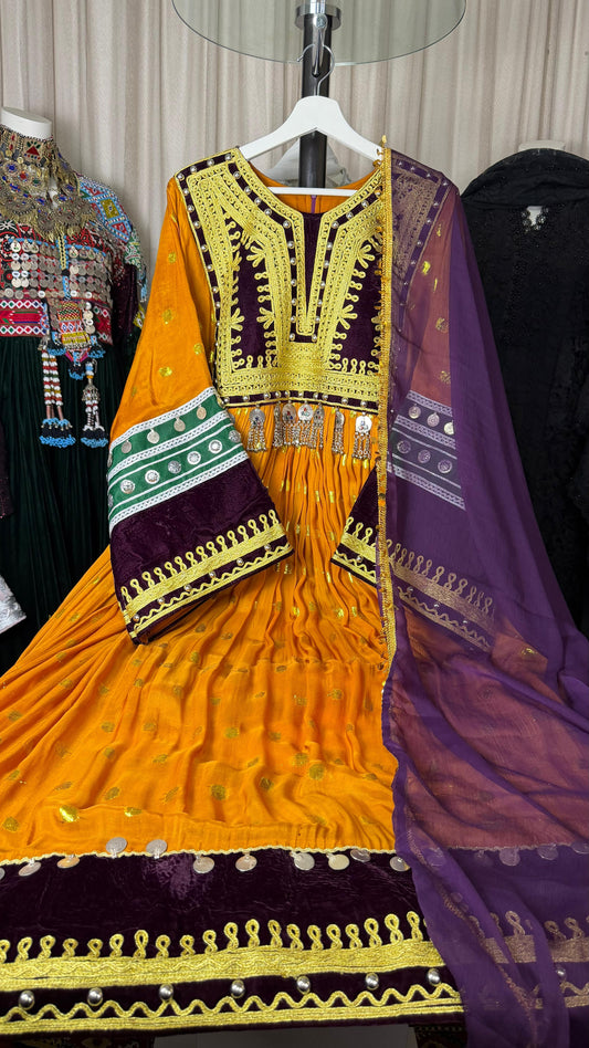 Afghan Traditional Dress with Shawl - Golden Orange & Purple