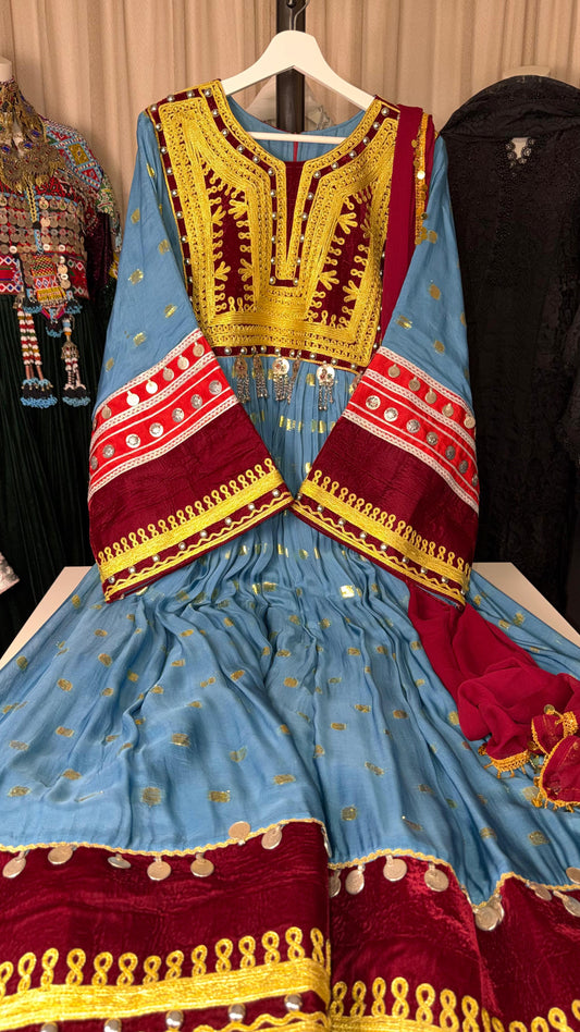 Afghan Traditional Dress with Shawl – Sky Blue & Red
