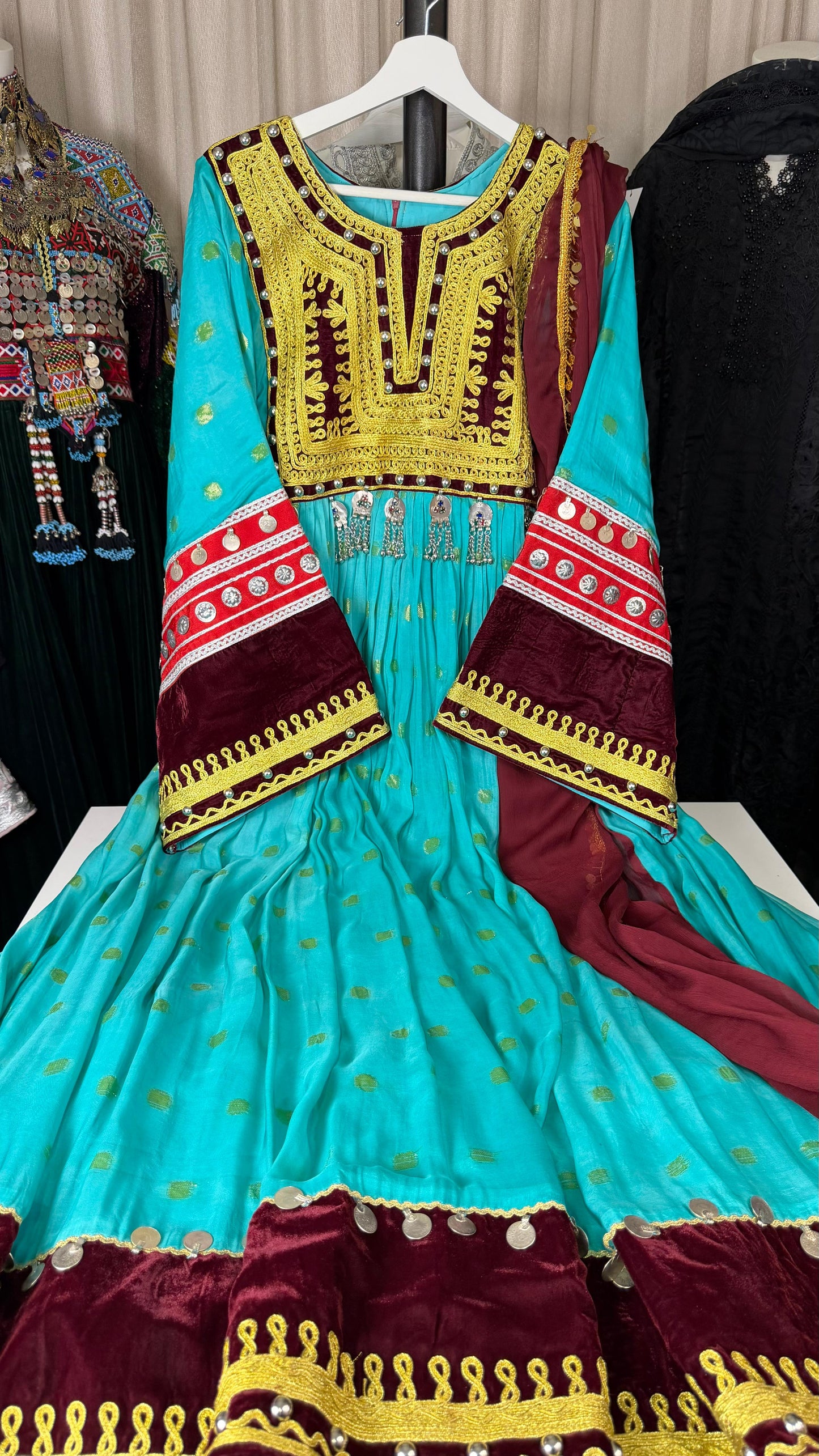 Afghan Traditional Dress with Shawl – Turquoise