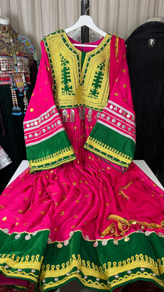 Afghan Traditional Dress with Shawl - Pink & Green