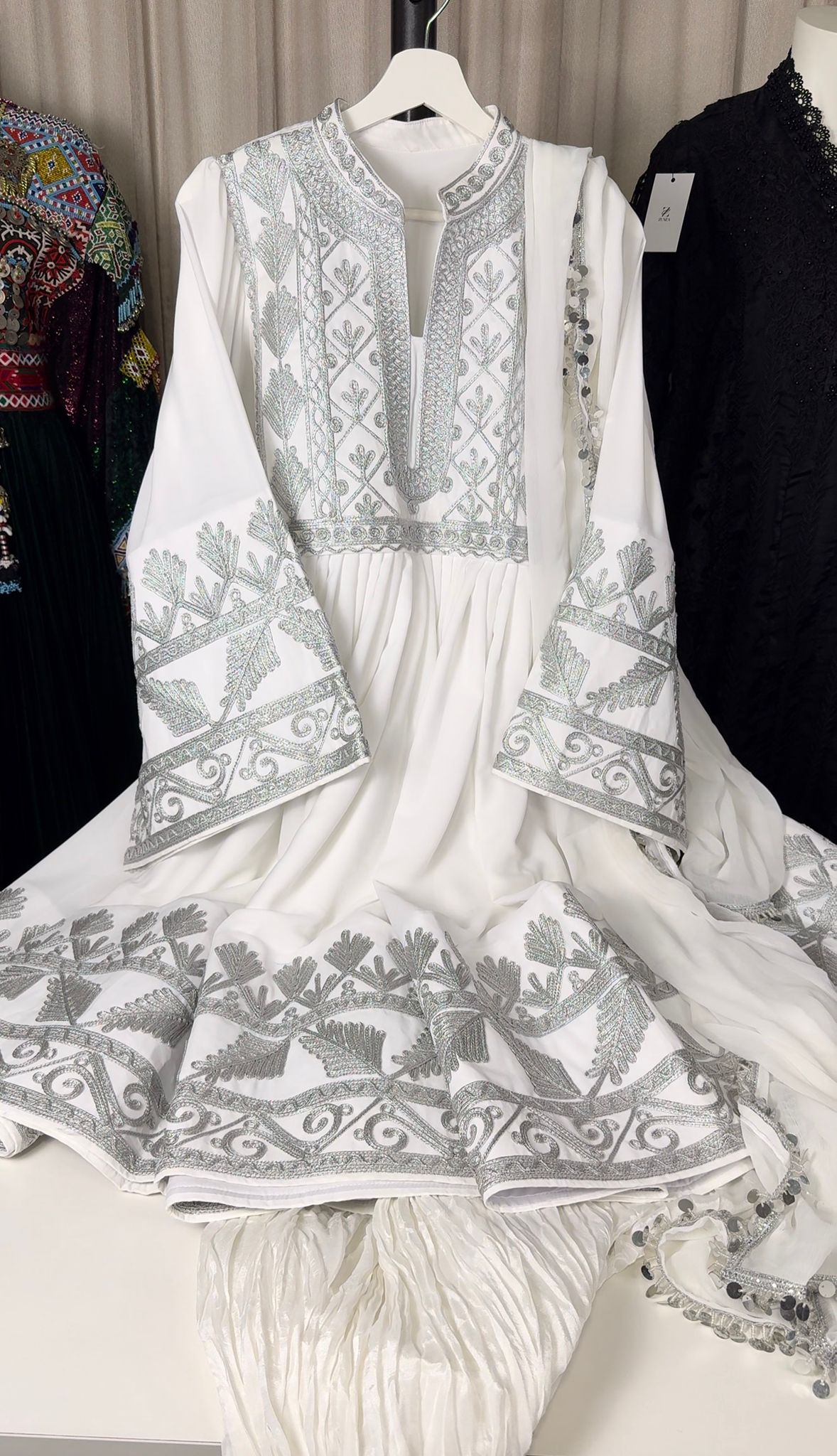 Afghan Traditional 3-Piece Set – Dress, Pants & Shawl – White & Silver