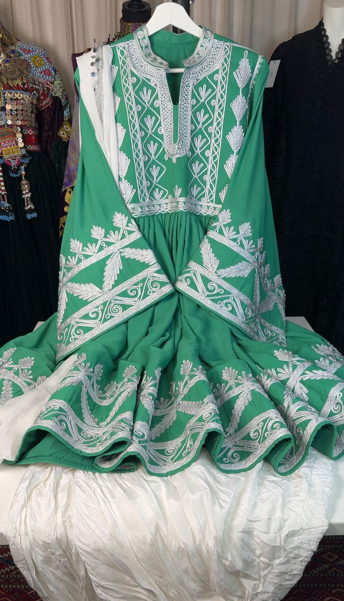 Afghan Traditional 3-Piece Set – Dress, Pants & Shawl – Green & Silver