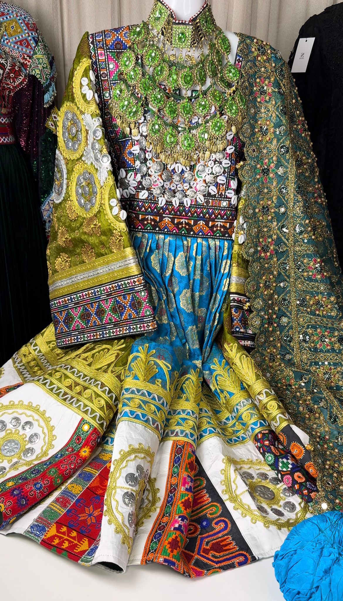 Afghan Luxury 3-Piece Set with Jewelry – Multicolor Yellow & Blue