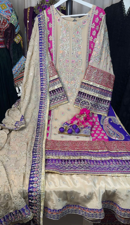 Afghan Luxury 3-Piece Set – Beige, Purple & Pink