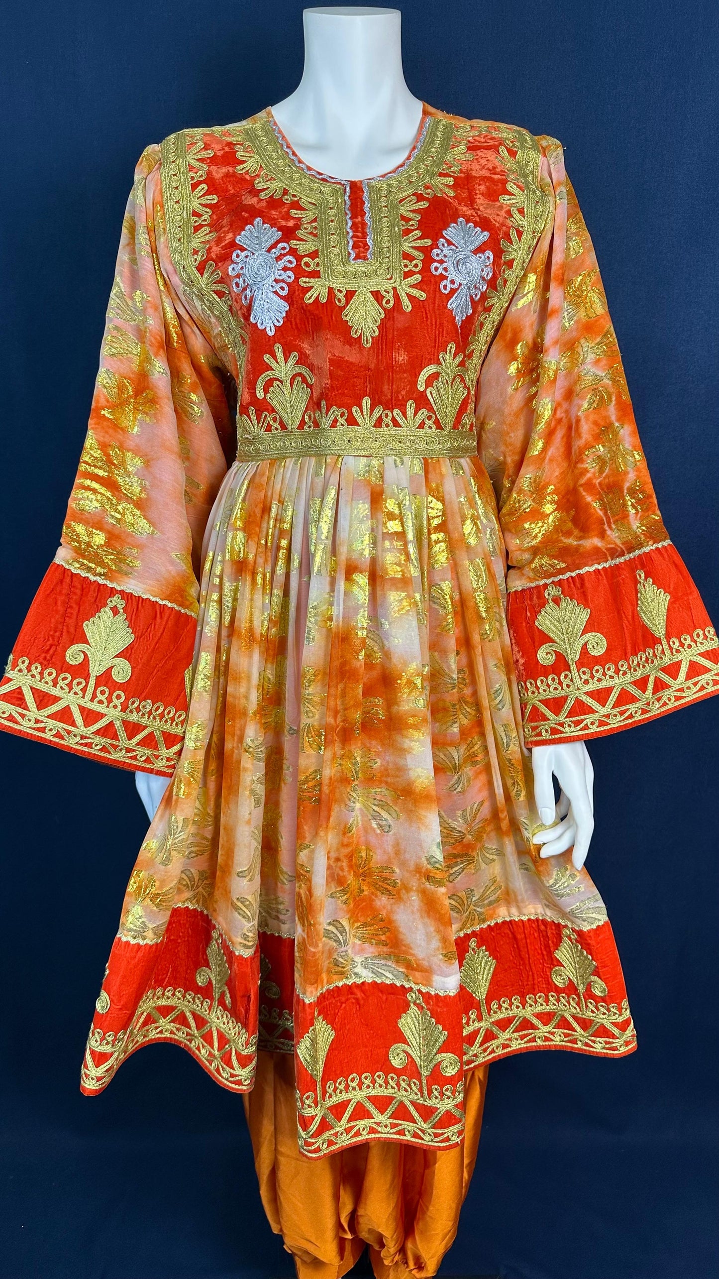 Sahar | Traditional Afghan Dress in Orange & Gold