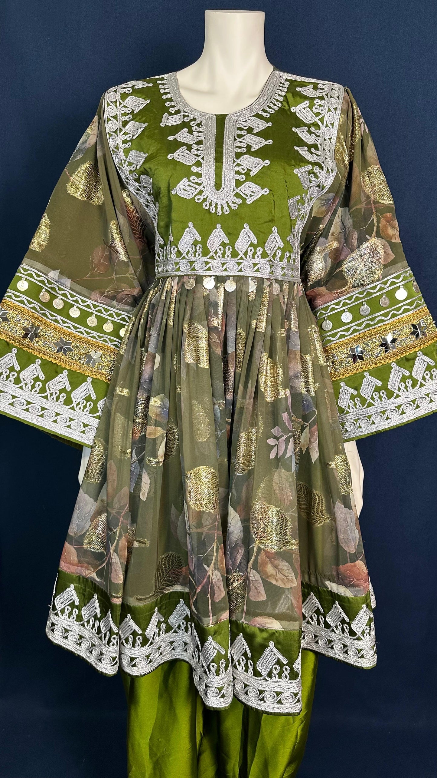 Lina | Traditional Afghan Dress in Olive Green & White