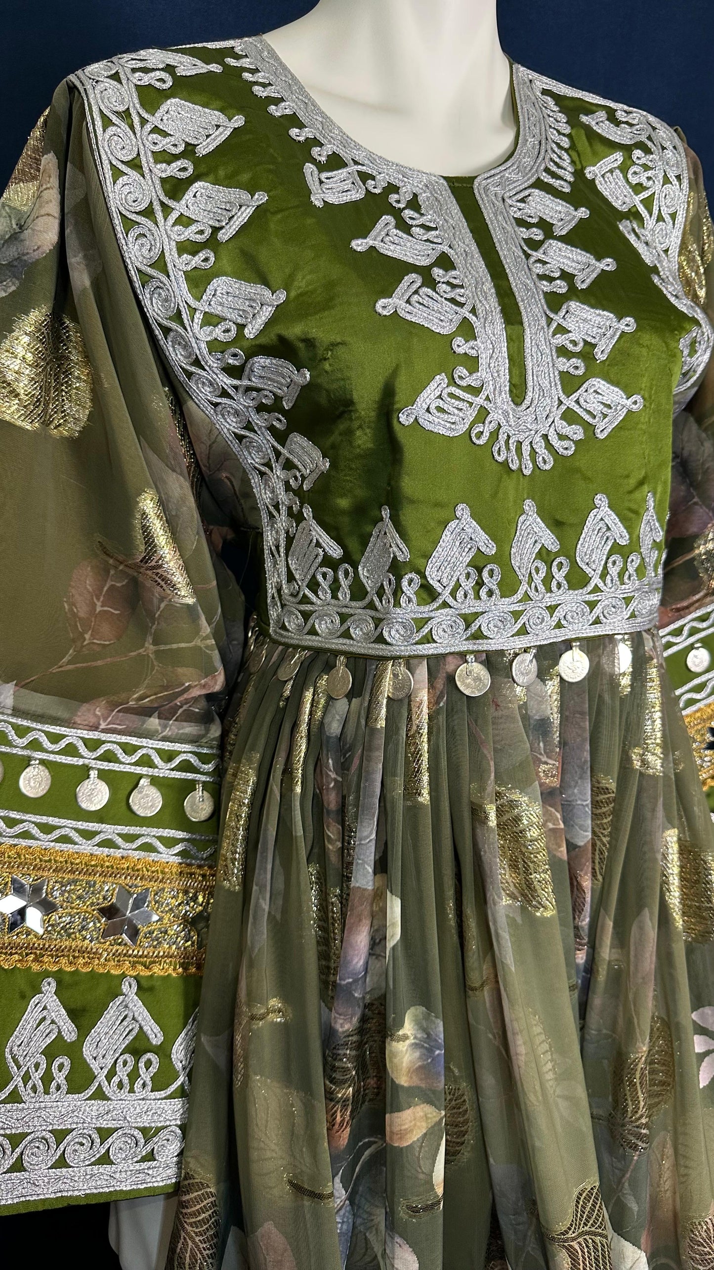 Lina | Traditional Afghan Dress in Olive Green & White