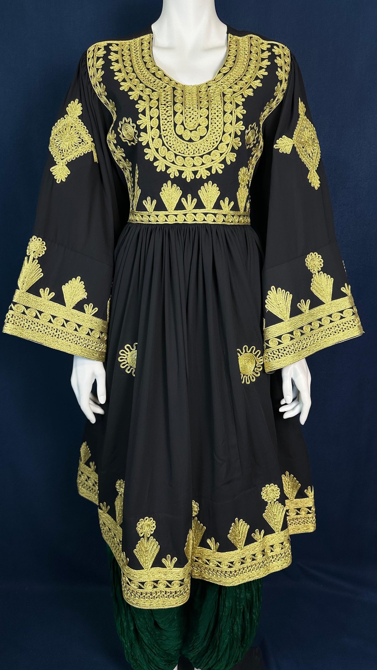 Zahra | Black Traditional Afghan Dress with Gold Details & Green Scarf
