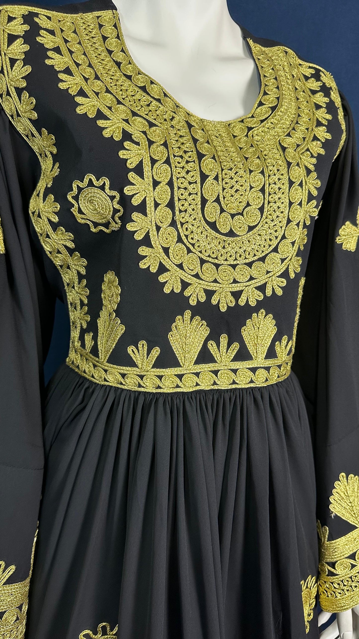 Zahra | Black Traditional Afghan Dress with Gold Details & Green Scarf