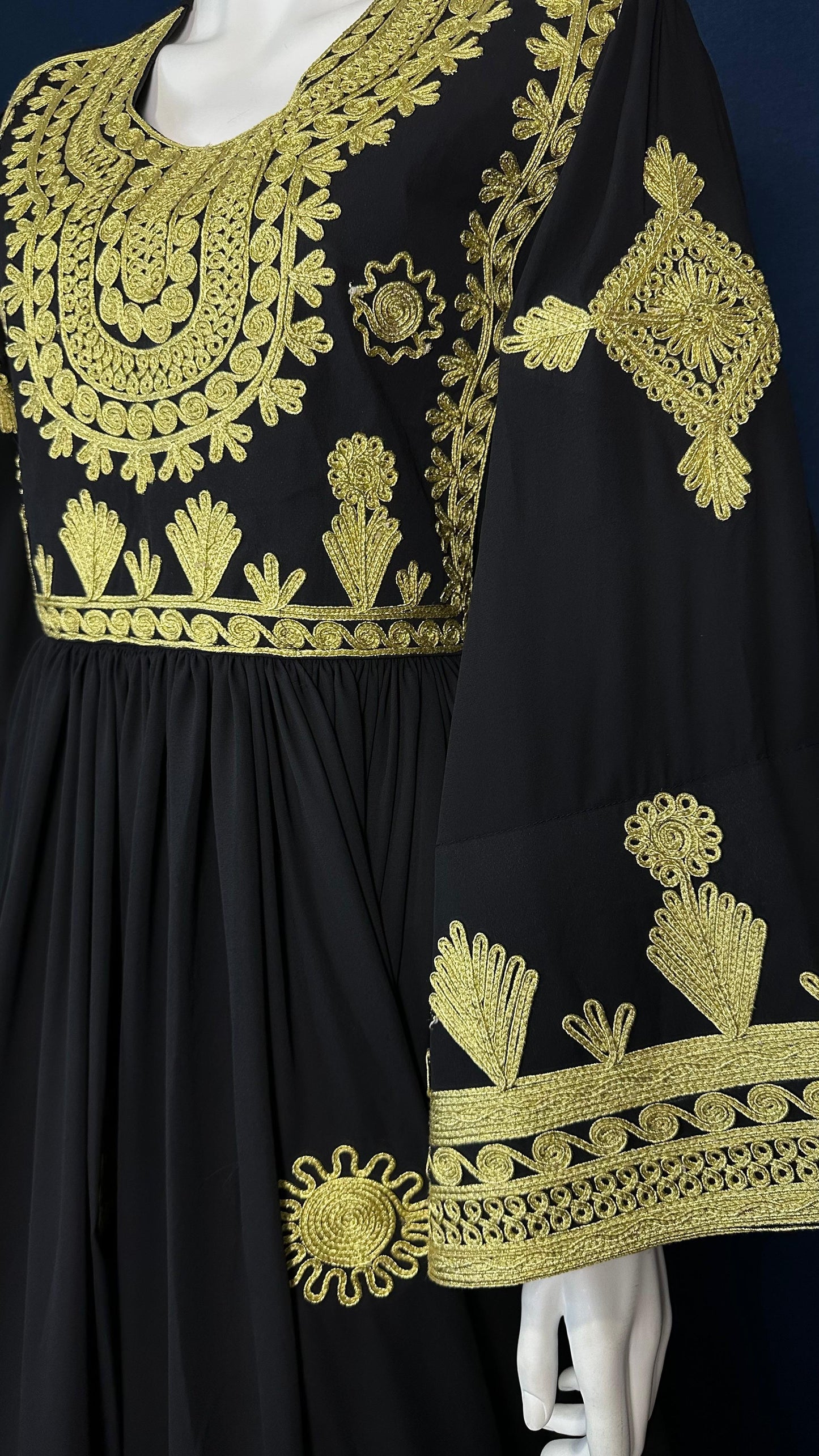 Zahra | Black Traditional Afghan Dress with Gold Details & Green Scarf