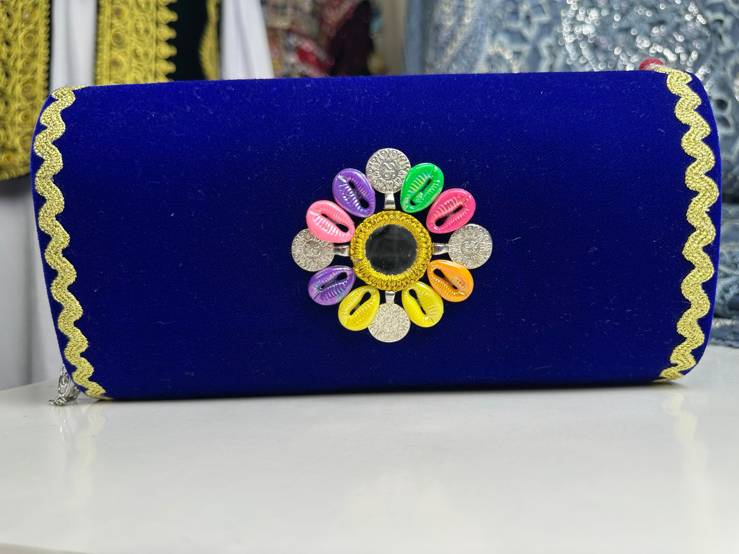 Afghan Velvet Clutch with Beads & Coin Details - Blue